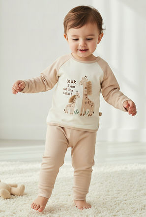 Juniors Cotton Long Sleeves Pyjama Set with Giraffe Applique