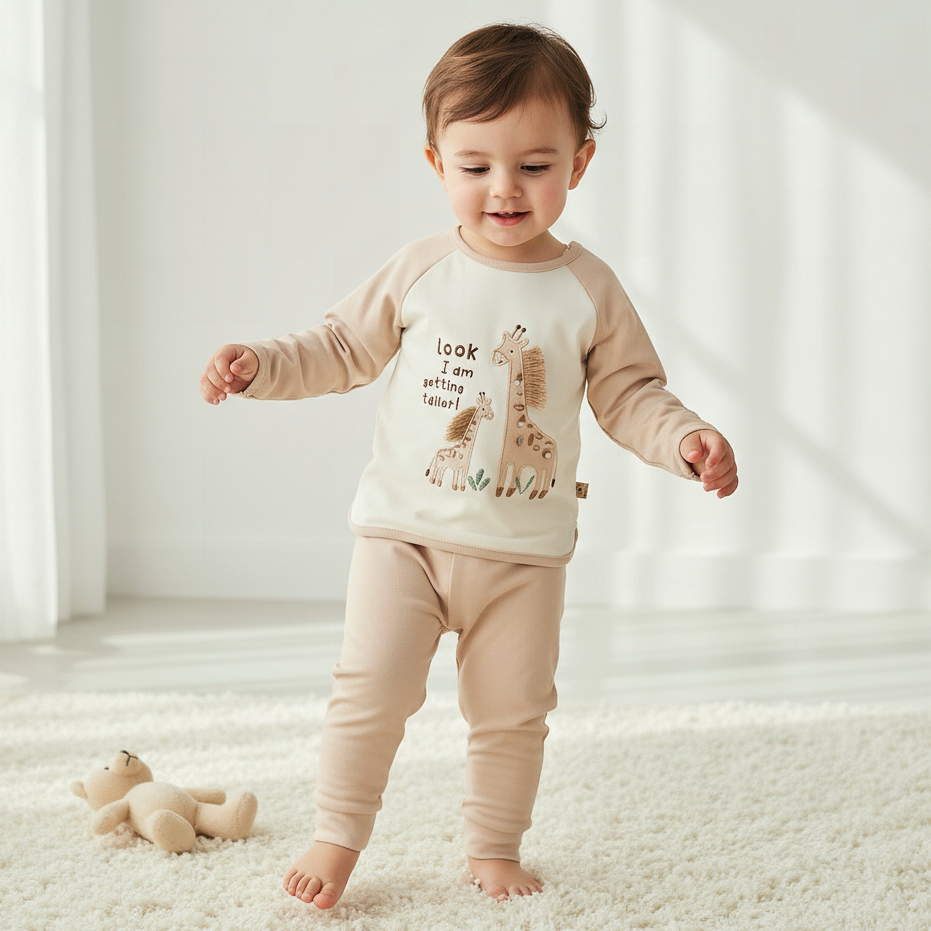 Juniors Cotton Long Sleeves Pyjama Set with Giraffe Applique - Beige / 12-18 mths
