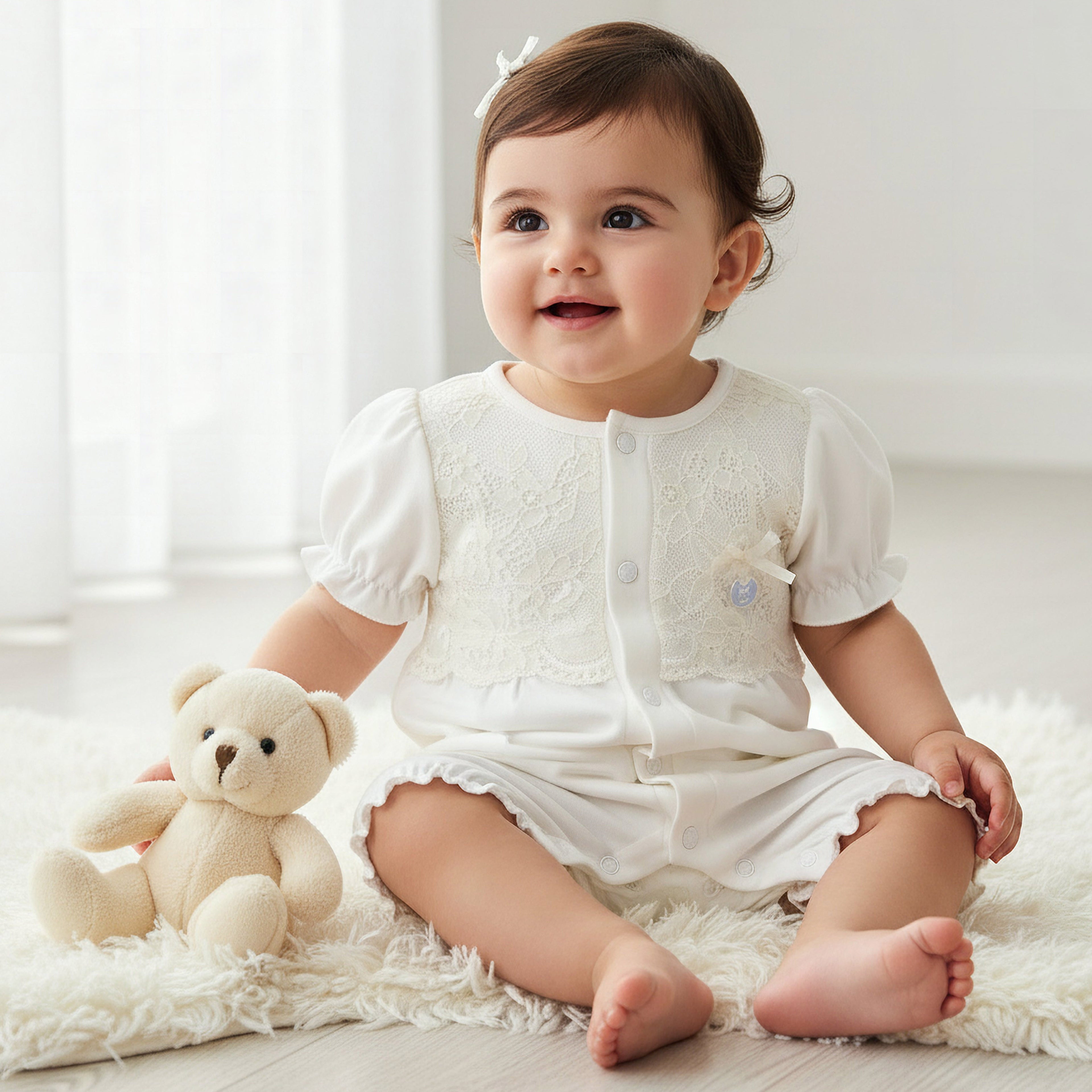 Giggles Round Neck Short Sleeves Romper with Lace Detail