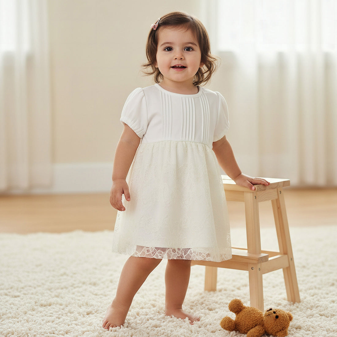 Giggles Round Neck Short Sleeves A-line Dress with Lace Detail - Cream / 12-18 mths