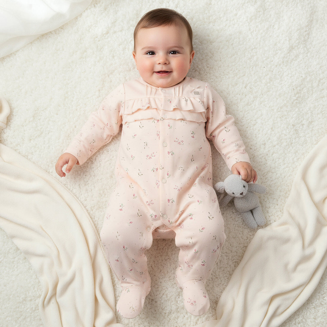Juniors Cotton Round Neck Long Sleeves Sleepsuit with Floral Print - Pink / 9-12 mths