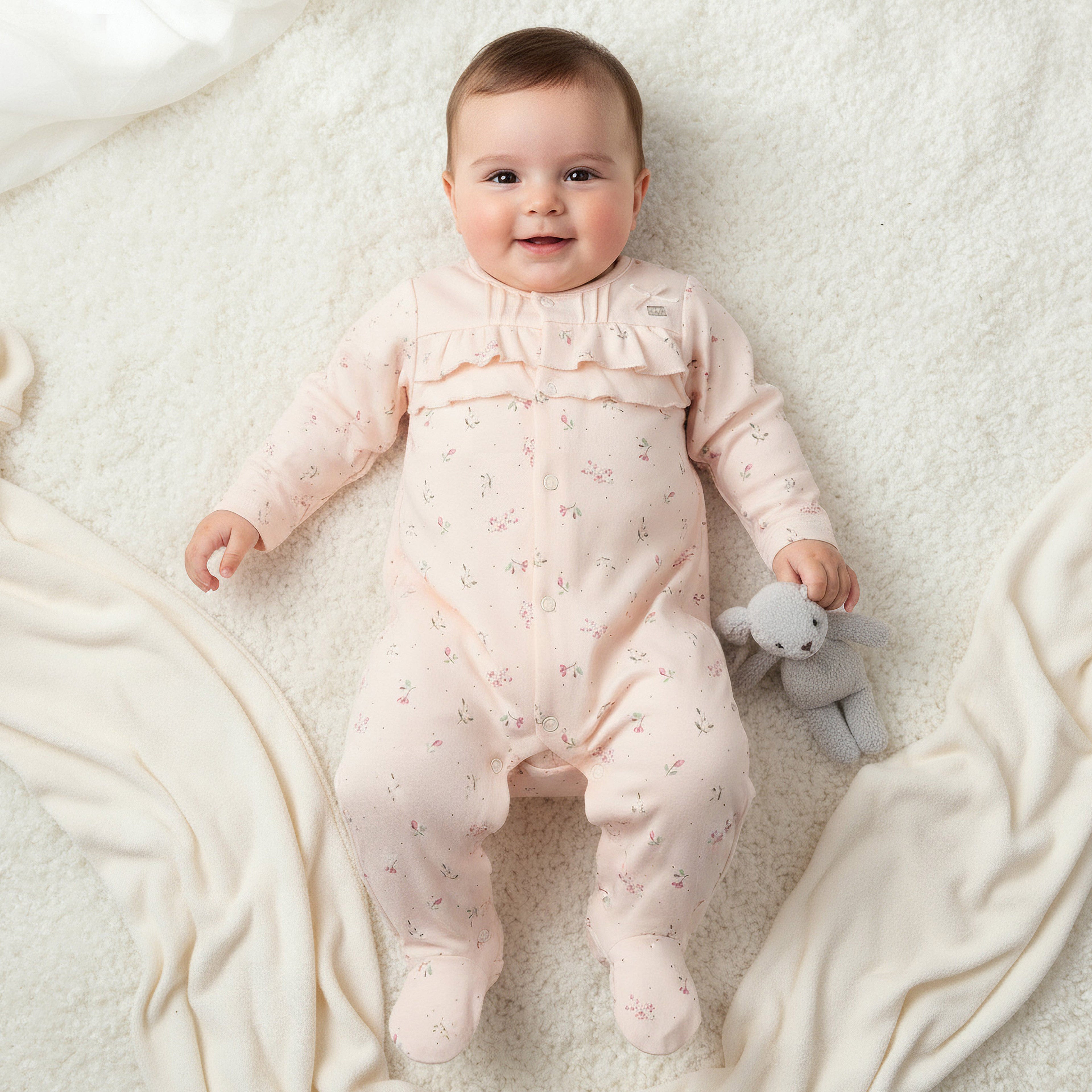 Juniors Cotton Round Neck Long Sleeves Sleepsuit with Floral Print - Pink / 9-12 mths