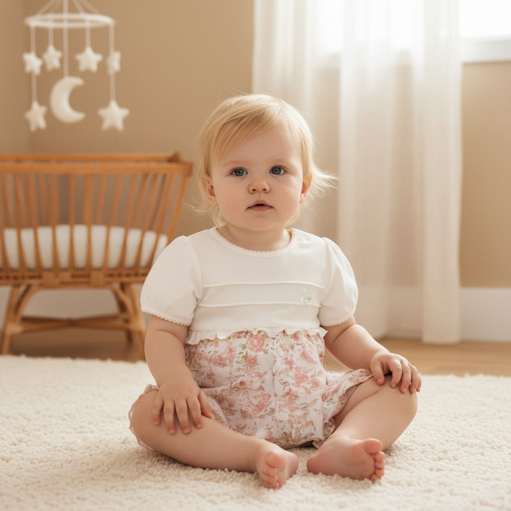 Giggles Floral Print Romper with Short Sleeves