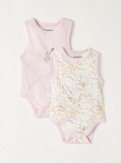 Juniors Floral Print Sleeveless Bodysuit with Button Closure - Set of 2-baby-girls-clothing-bodysuits-image-1