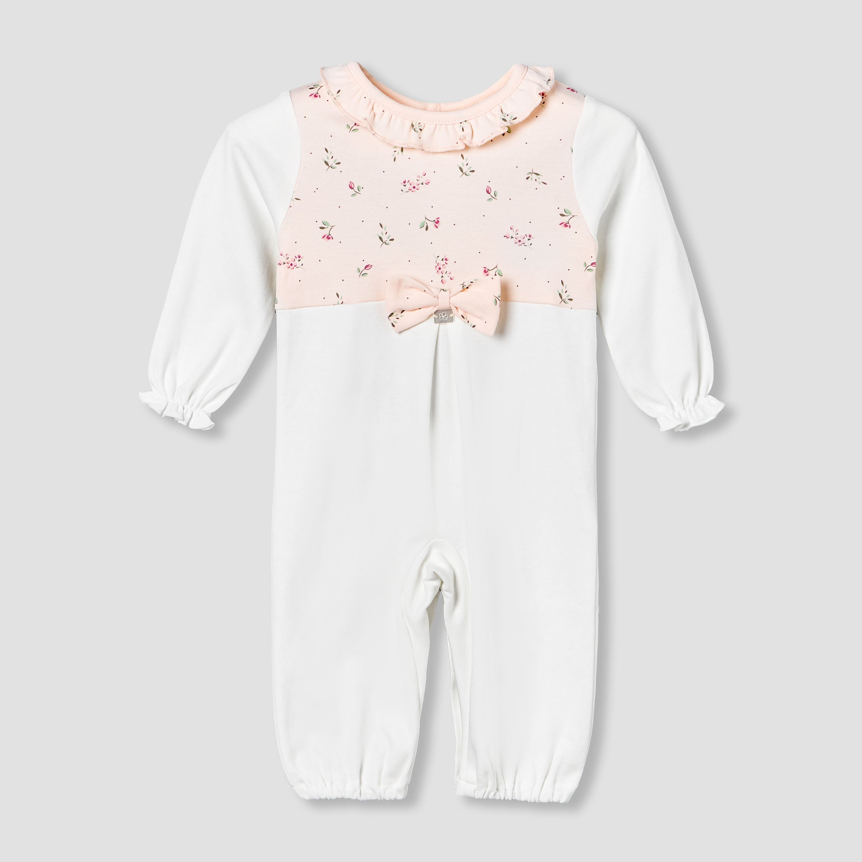 Juniors Cotton Ruffle Neck Long Sleeves Sleepsuit with Floral Print - White / 12-18 mths