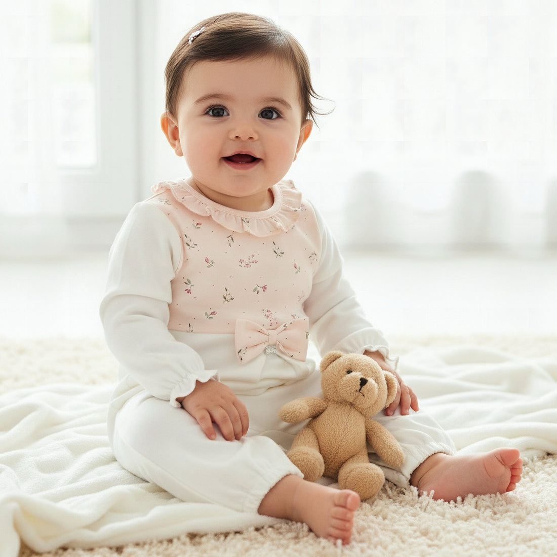 Juniors Cotton Ruffle Neck Long Sleeves Sleepsuit with Floral Print - White / 12-18 mths