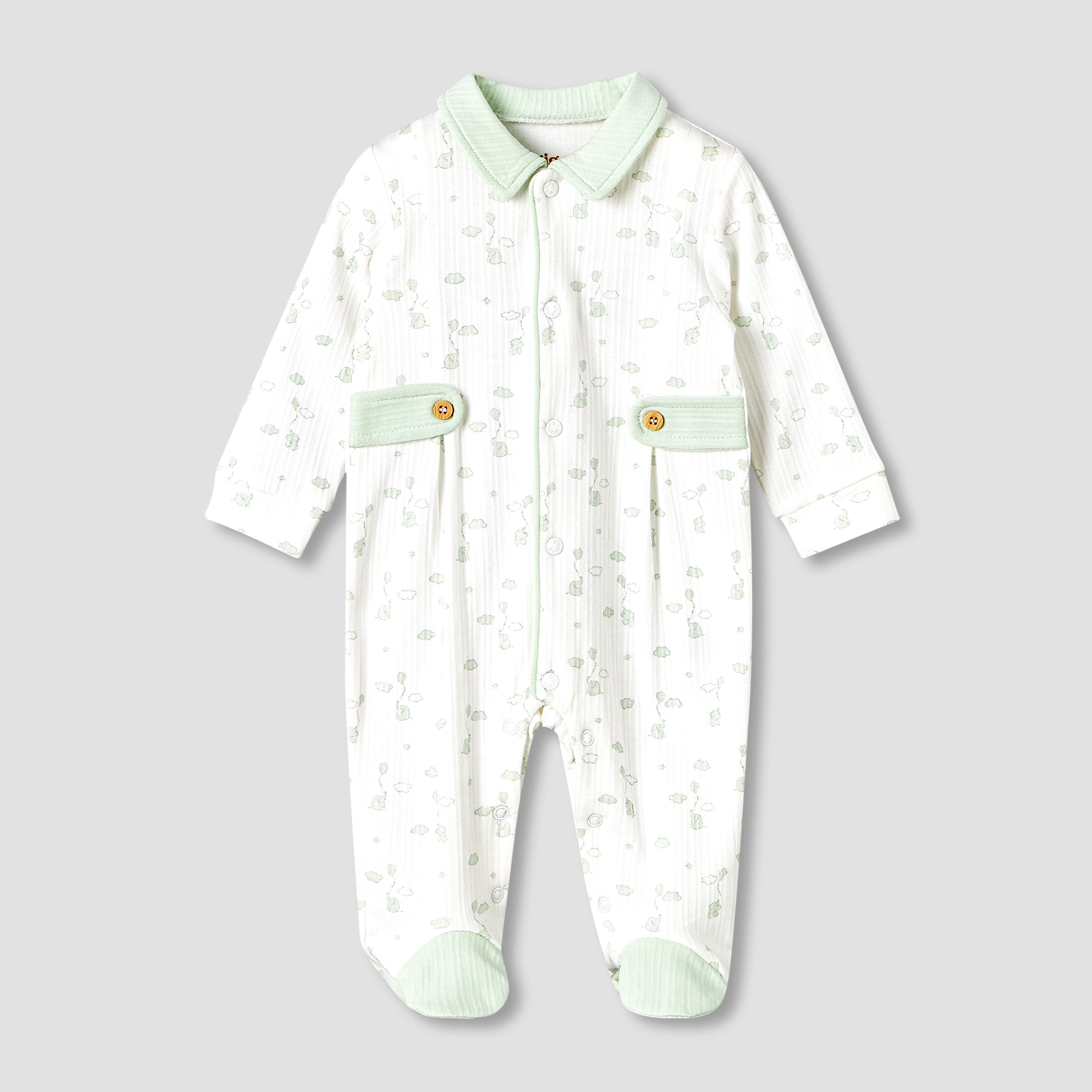 Giggles Cotton Peter Pan Collar Long Sleeves Sleepsuit with Elephant Print - Green / 9-12 mths