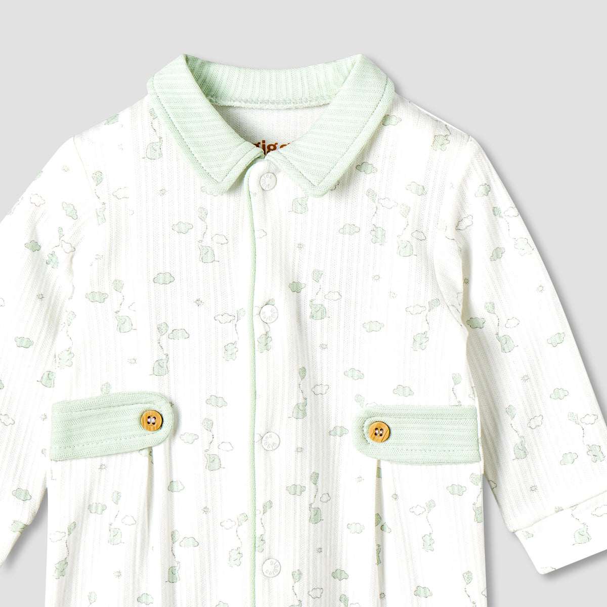 Giggles Cotton Peter Pan Collar Long Sleeves Sleepsuit with Elephant Print