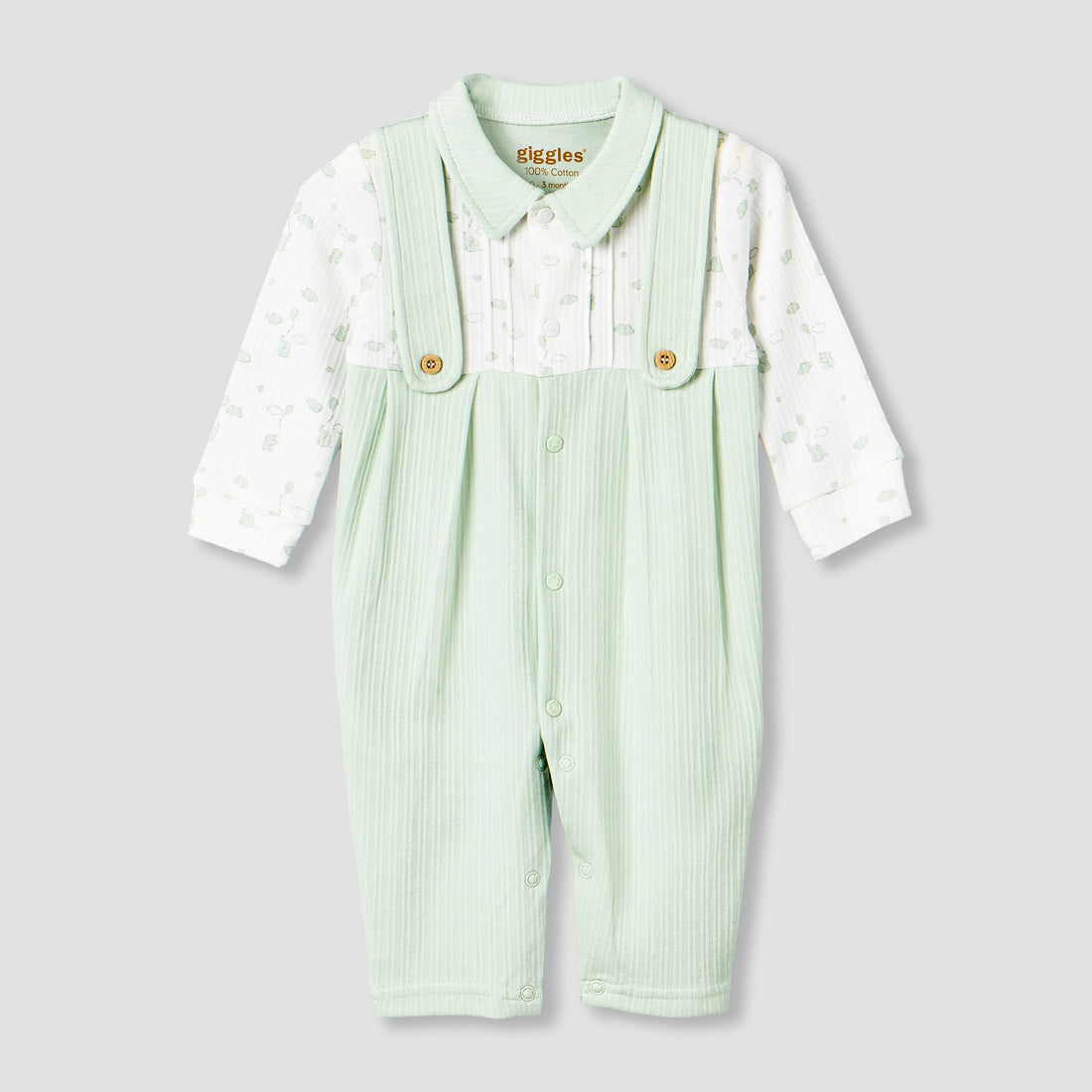 Giggles Cotton Collared Long Sleeves Sleepsuit with Snap Button Closure - Green / 12-18 mths