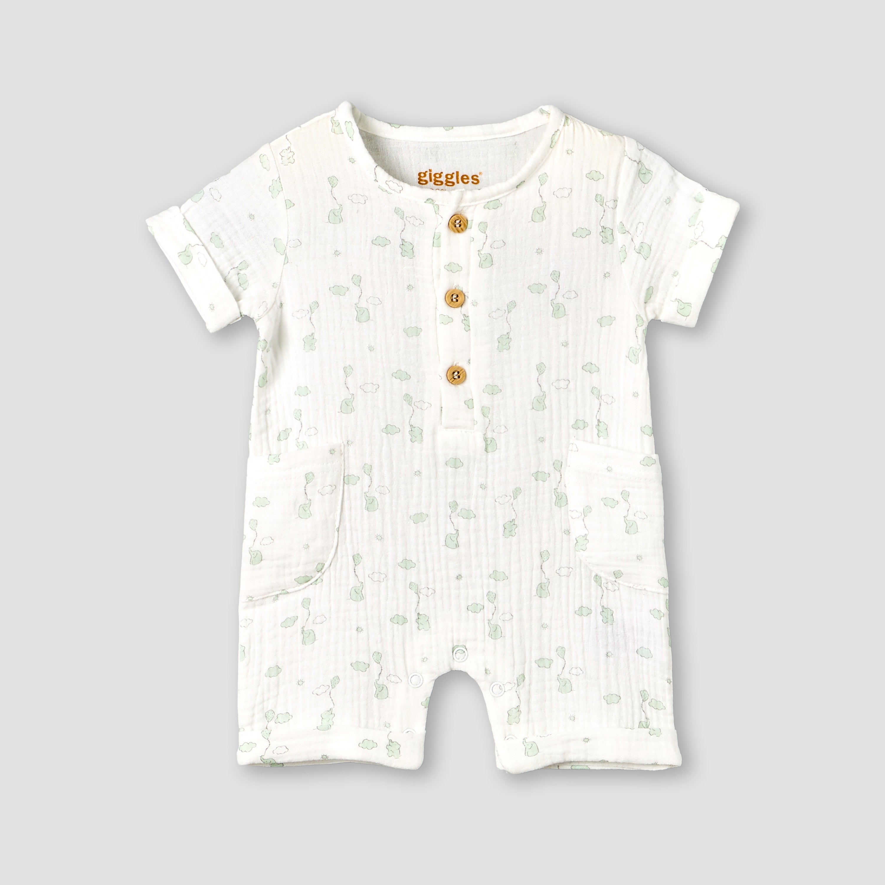 Giggles Crew Neck Short Sleeves Romper with Print - Green / 12-18 mths