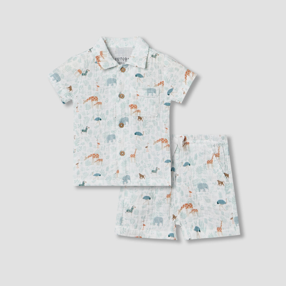 Juniors Cotton Collared Short Sleeve Pyjama Set with Safari Print - White / 12-18 mths