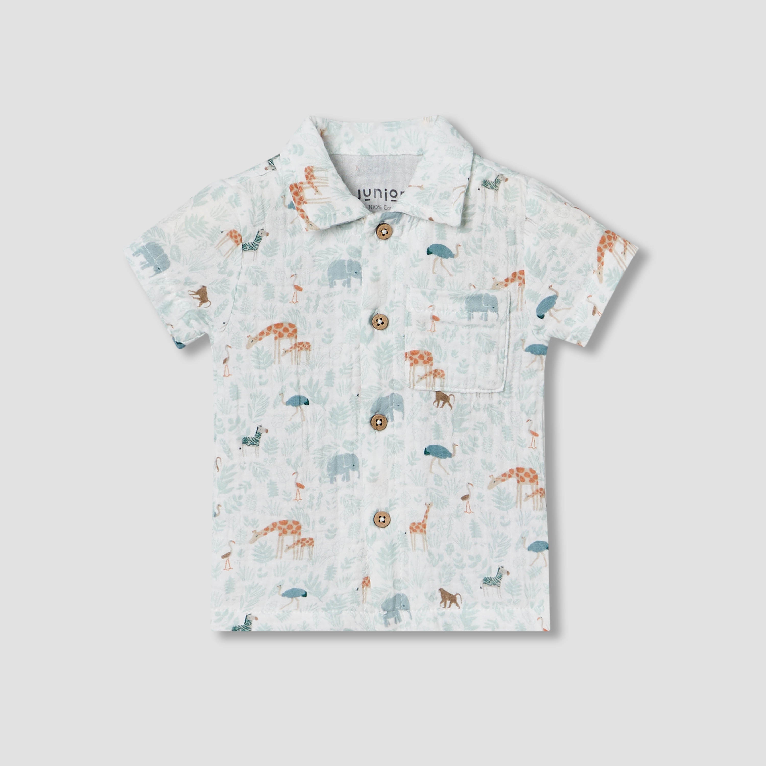 Juniors Cotton Collared Short Sleeve Pyjama Set with Safari Print
