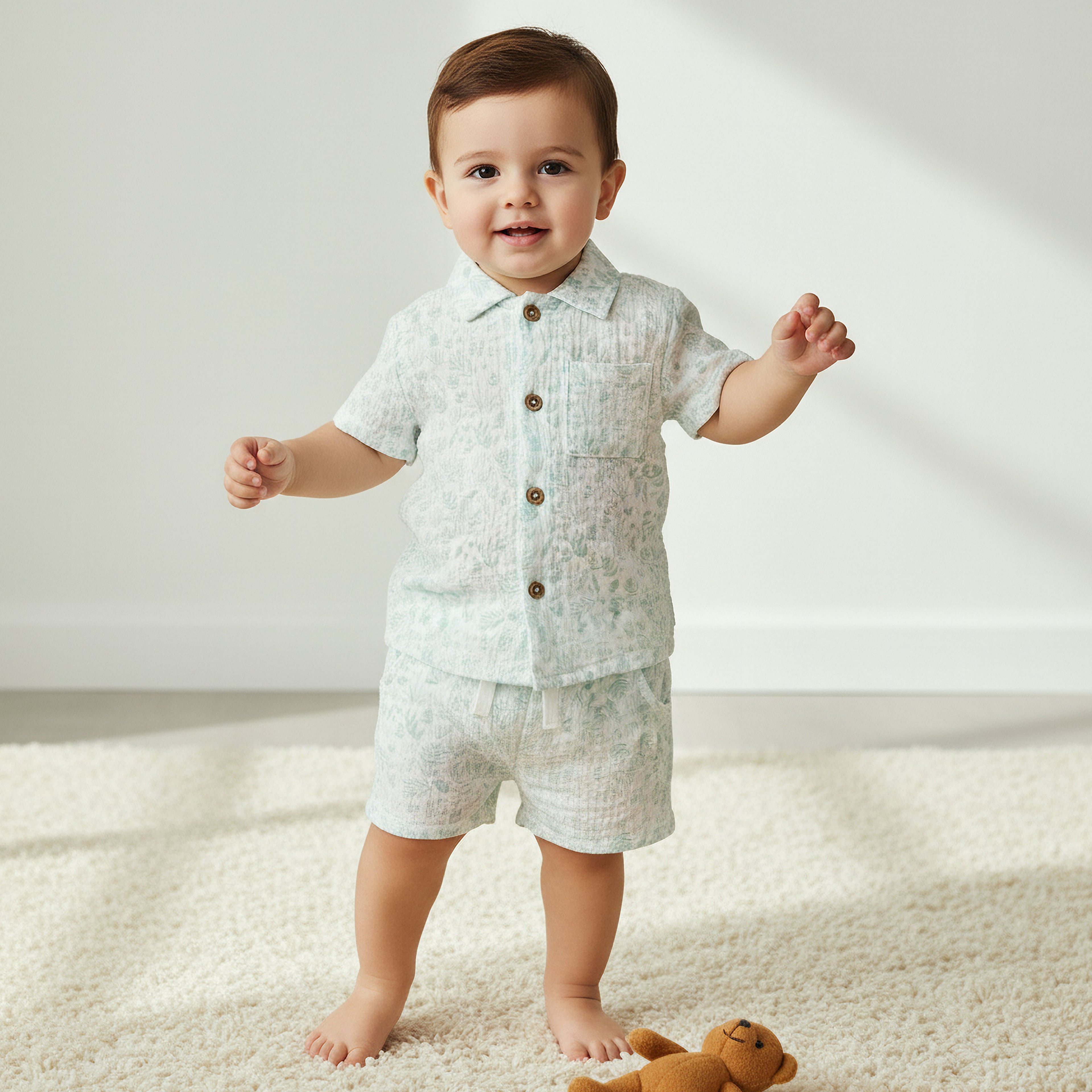 Juniors Cotton Collared Short Sleeves Shorts Set with Print
