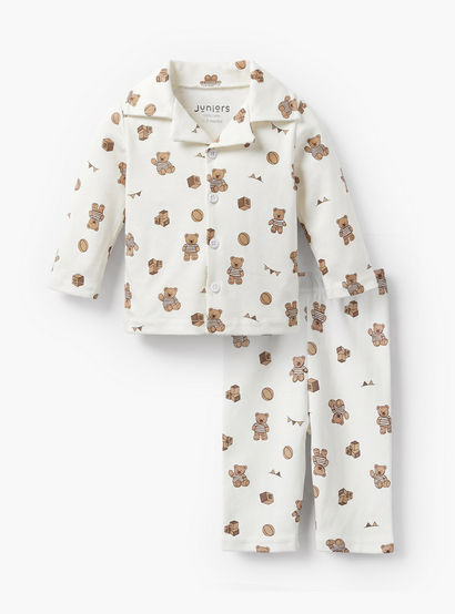 Juniors Cotton Collared Long Sleeves Pyjama Set with Teddy Bear Print-baby-boys-clothing-nightwear-pyjamasets-image-2