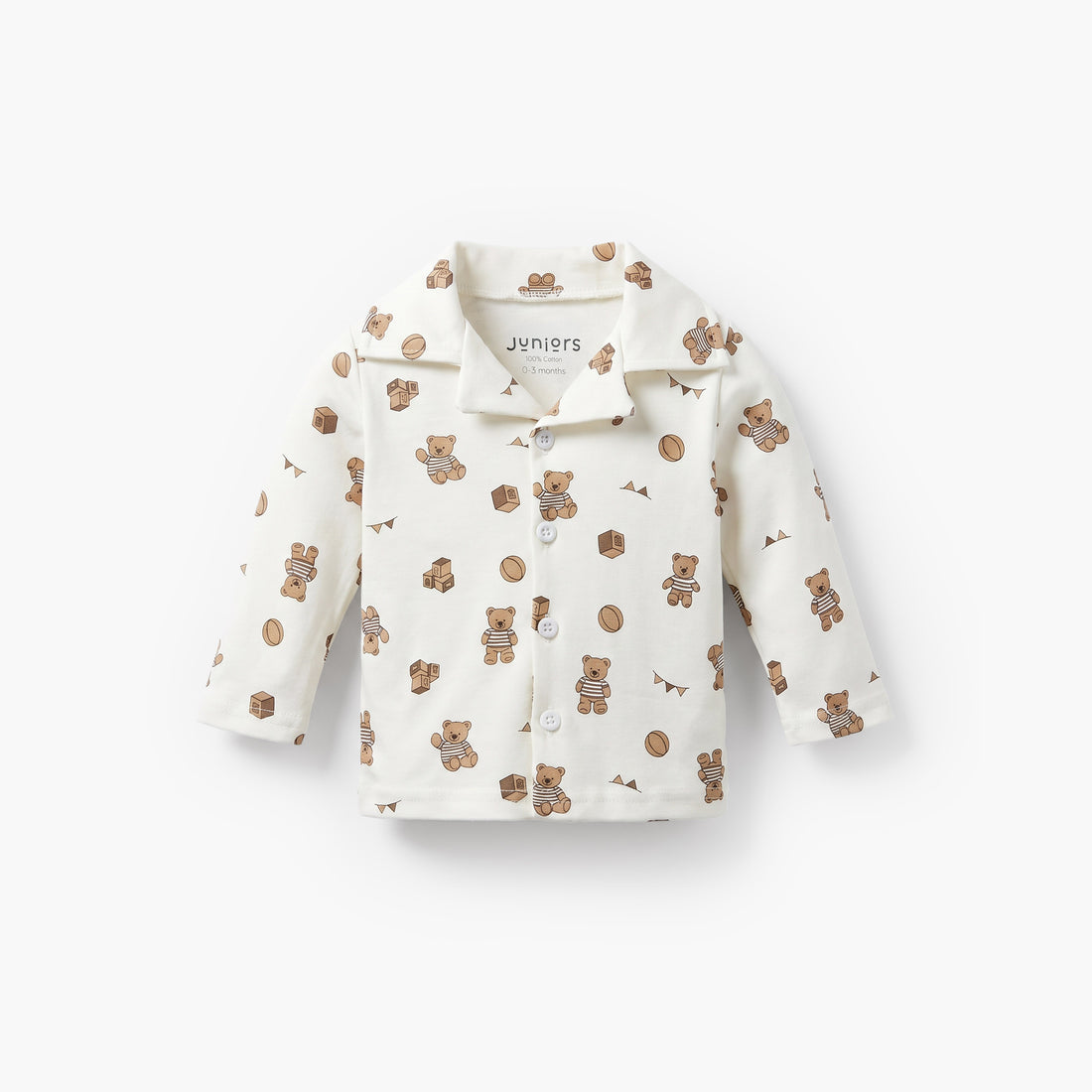 Juniors Cotton Collared Long Sleeves Pyjama Set with Teddy Bear Print
