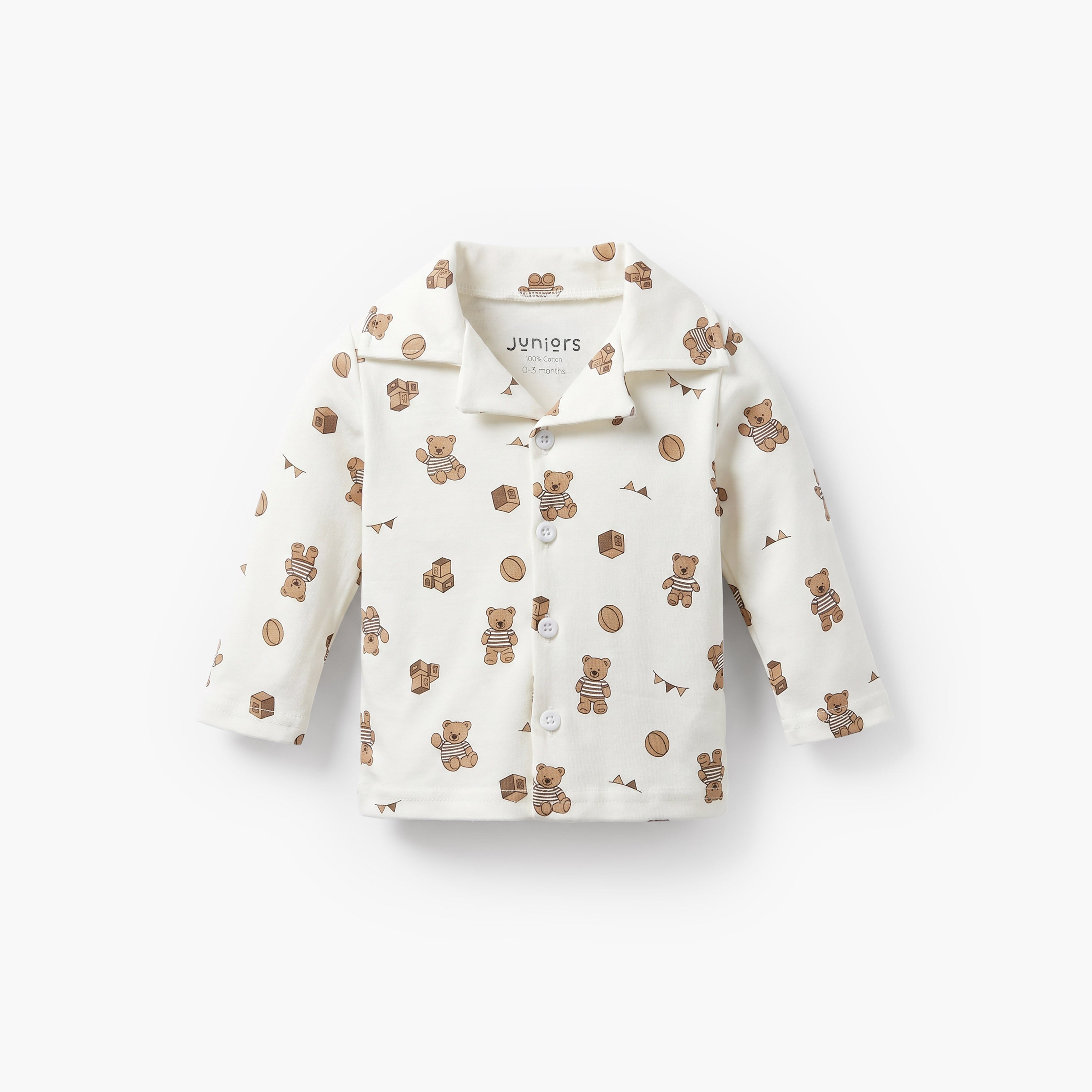 Juniors Cotton Collared Long Sleeves Pyjama Set with Teddy Bear Print