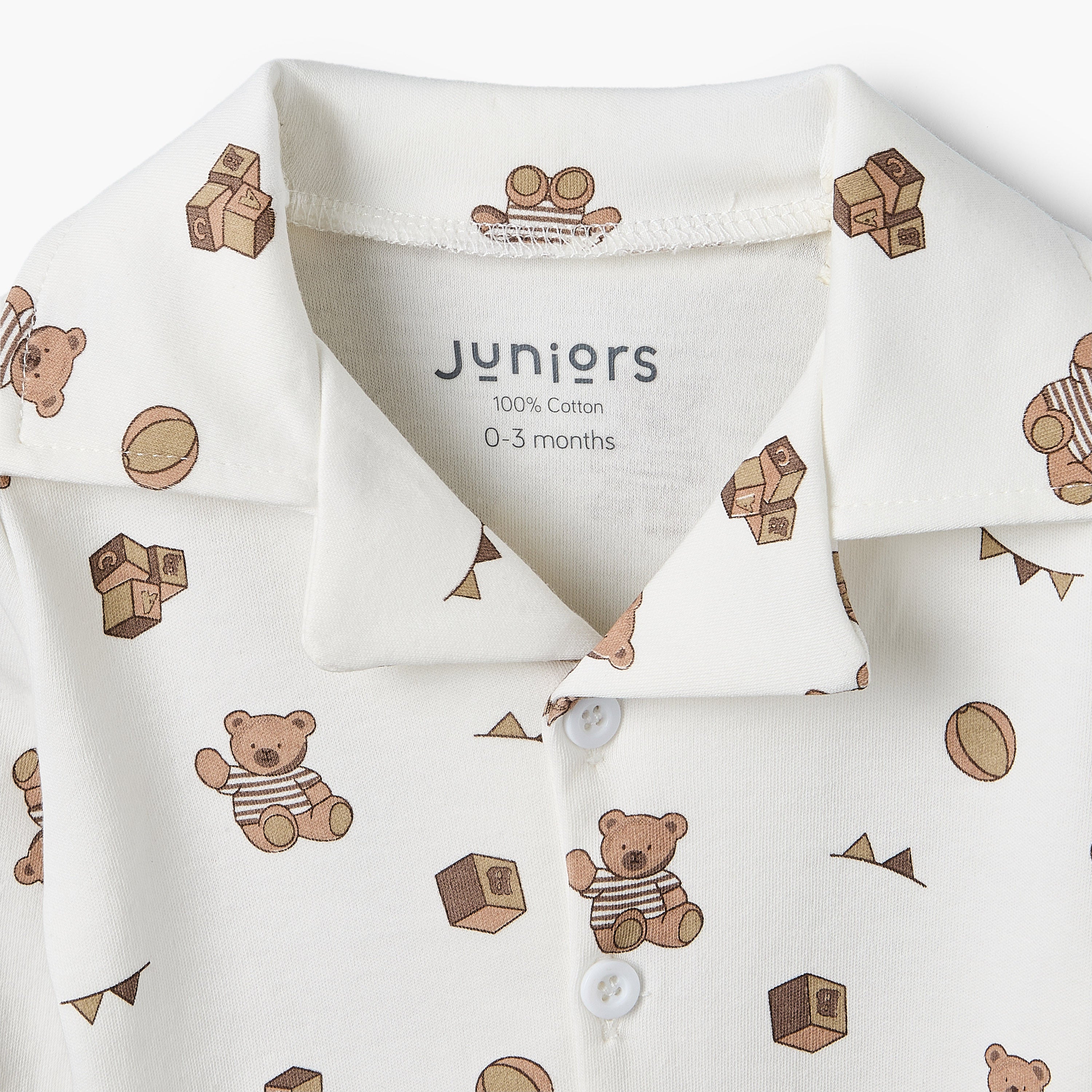 Juniors Cotton Collared Long Sleeves Pyjama Set with Teddy Bear Print