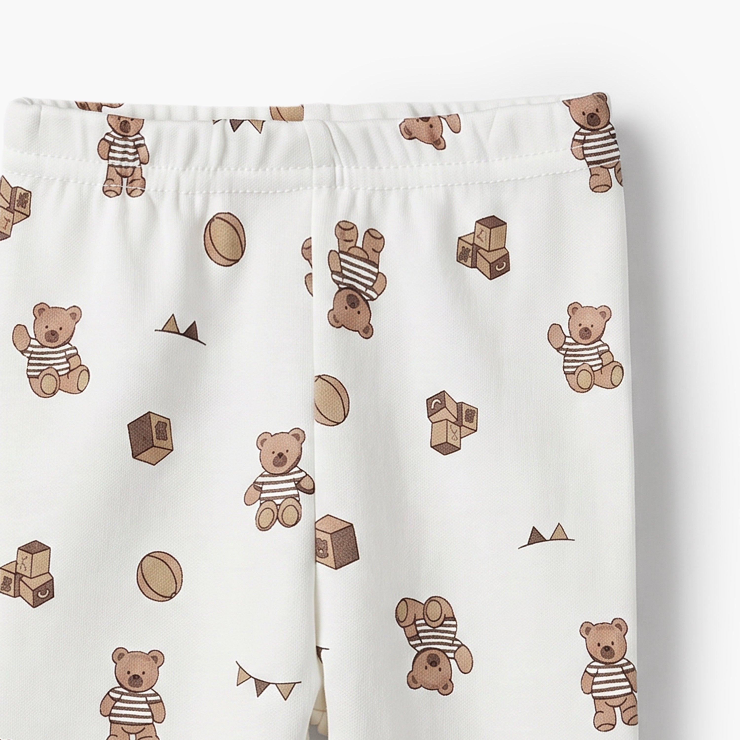 Juniors Cotton Collared Long Sleeves Pyjama Set with Teddy Bear Print
