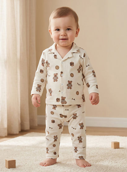 Juniors Cotton Collared Long Sleeves Pyjama Set with Teddy Bear Print-baby-boys-clothing-nightwear-pyjamasets-image-1