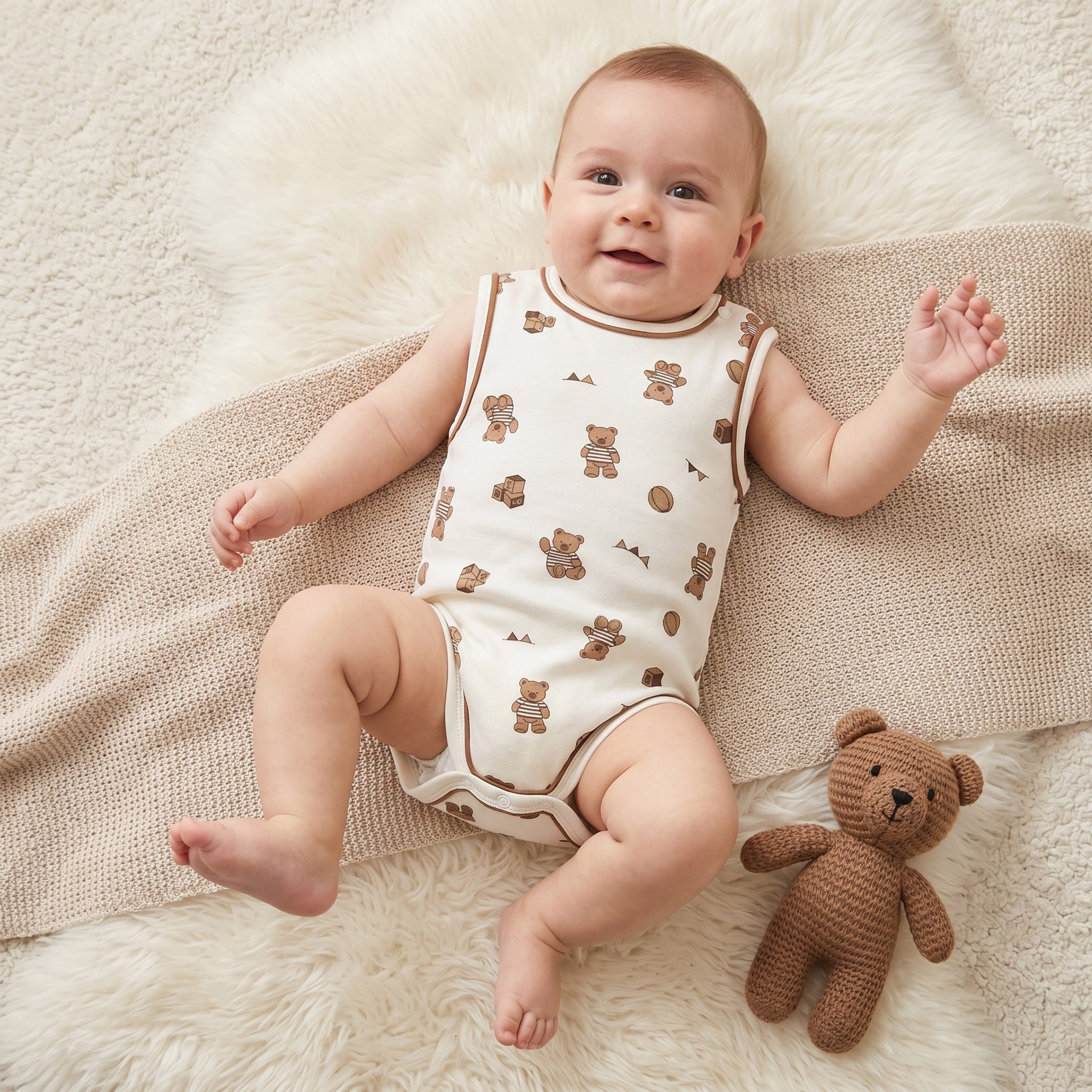 Juniors Crew Neck Sleeveless Bodysuit with Teddy Bear Print - White / 12-18 mths
