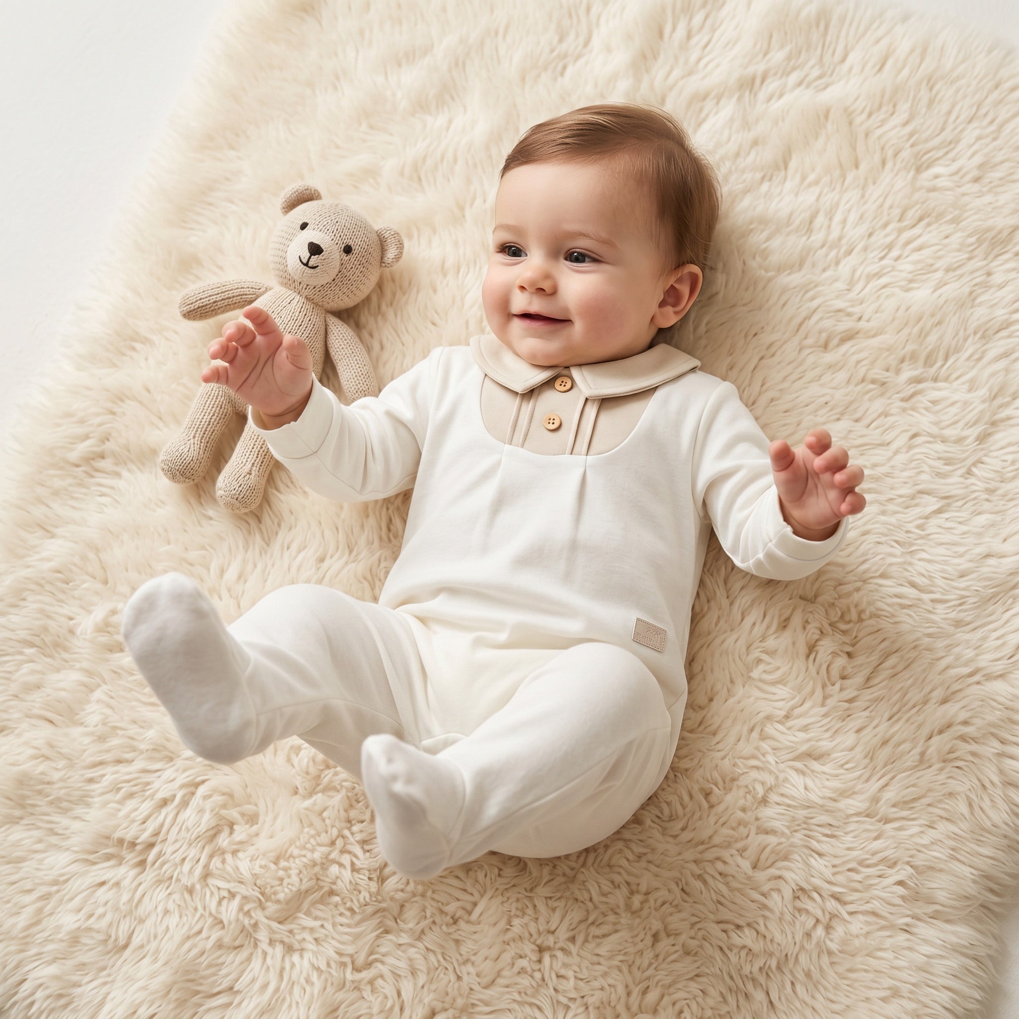 Giggles Collared Long Sleeves Sleepsuit with Pintuck Detail - White / 9-12 mths