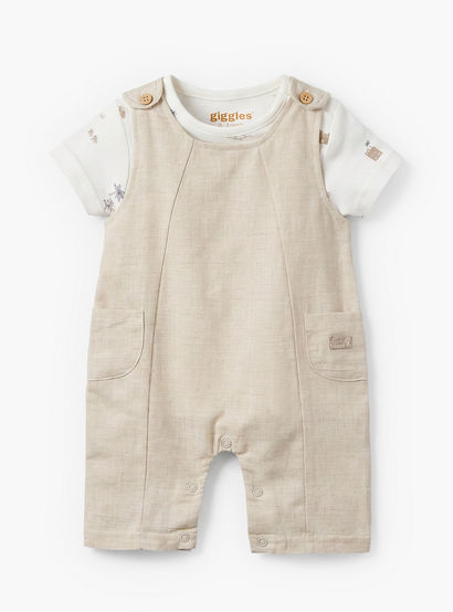 Giggles Crew Neck Short Sleeves T-shirt and Dungaree Set with Print-baby-girls-clothing-setsandcoords-image-2