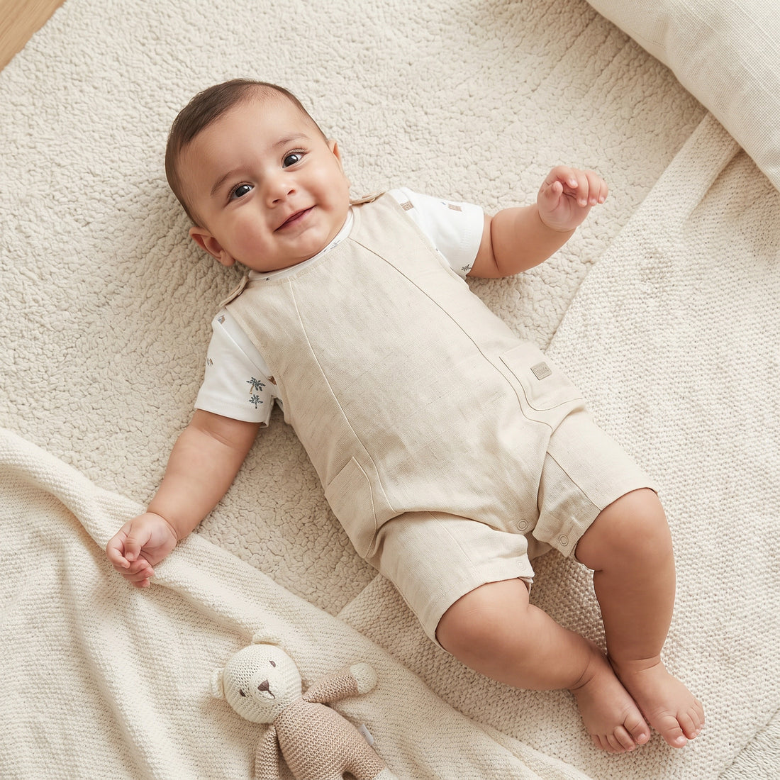 Giggles Crew Neck Short Sleeves T-shirt and Dungaree Set with Print - Beige / 12-18 mths