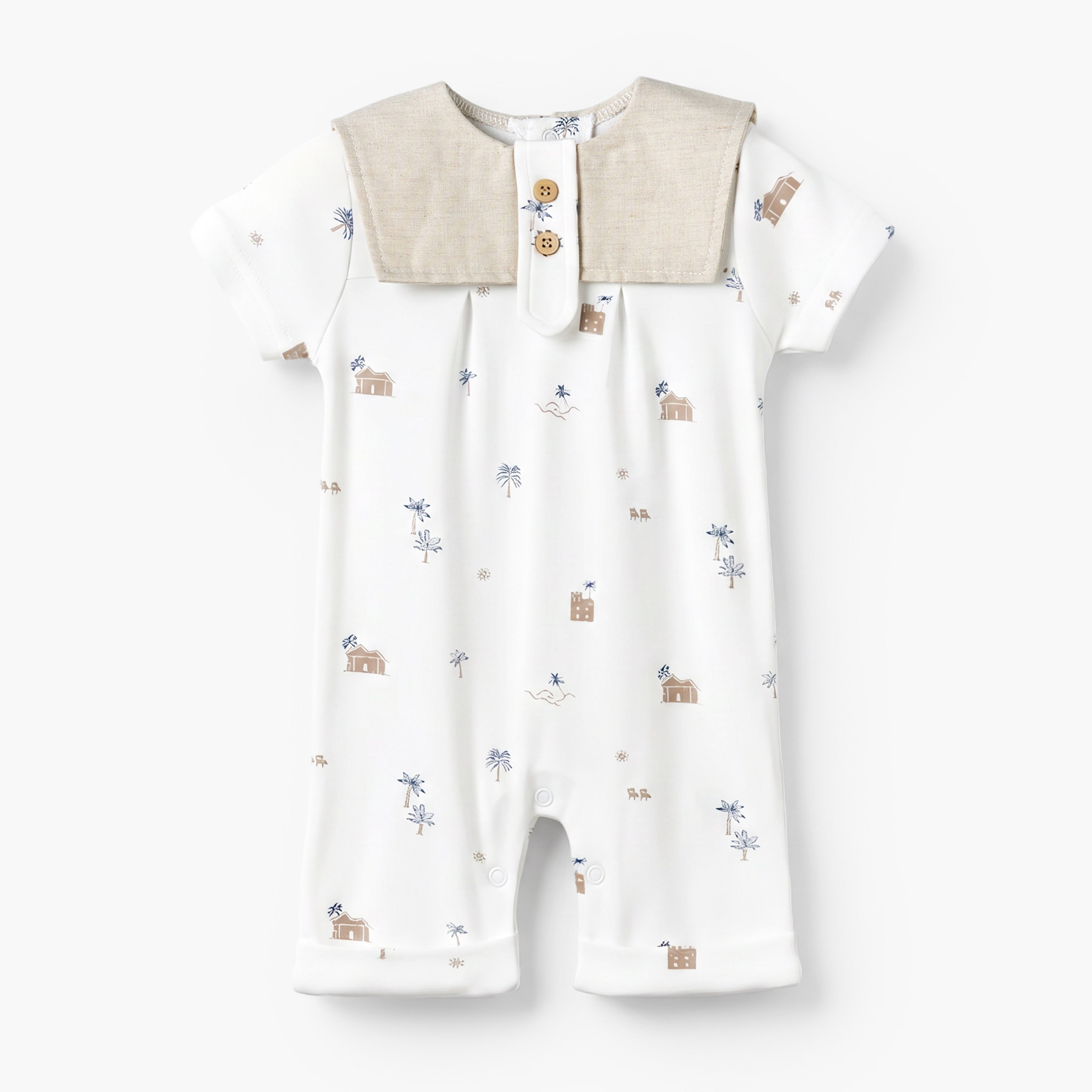 Giggles Sailor Collar Short Sleeves Romper with Fun Print - Beige / 12-18 mths