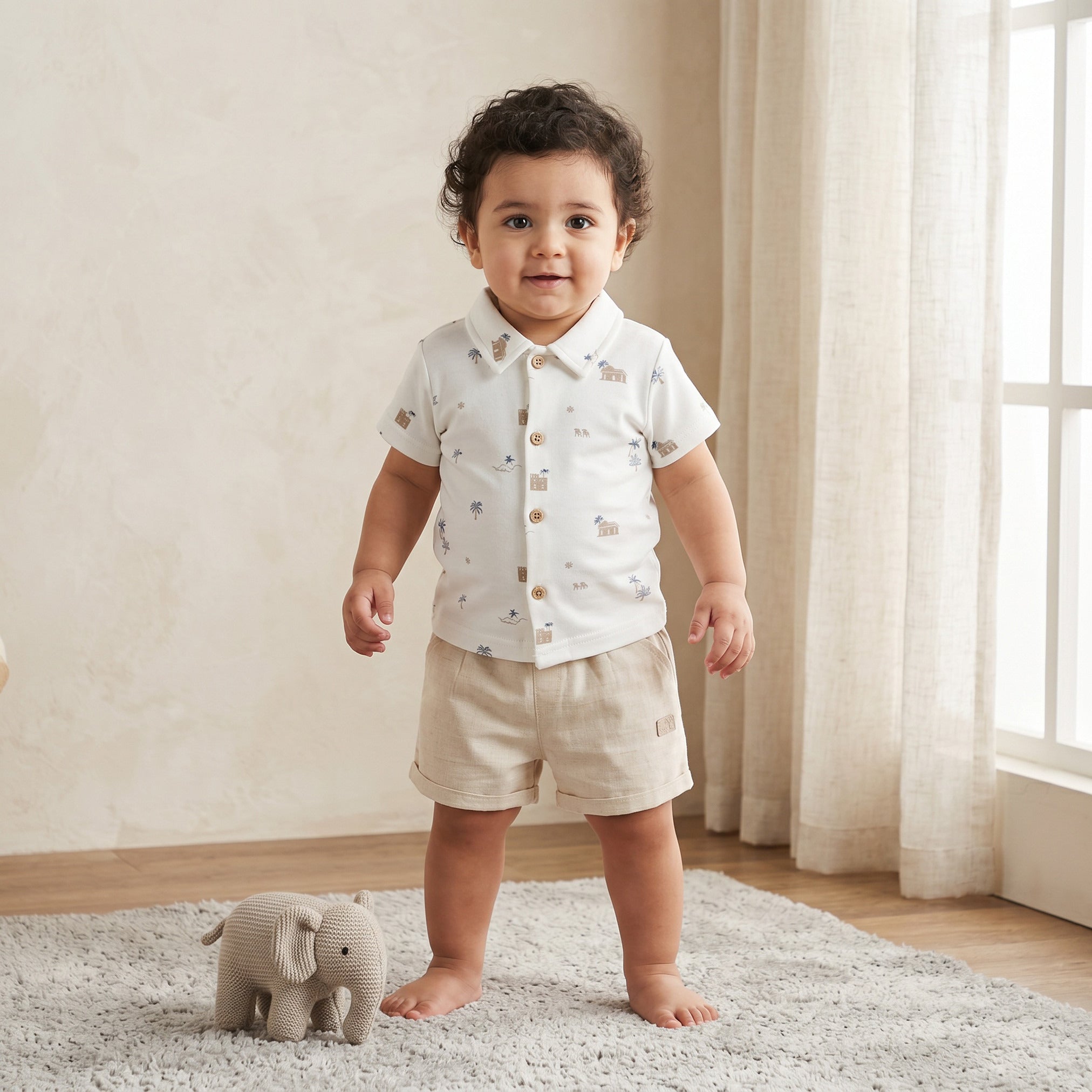 Giggles Collared Short Sleeves Shirt and Shorts Set with Fun Print