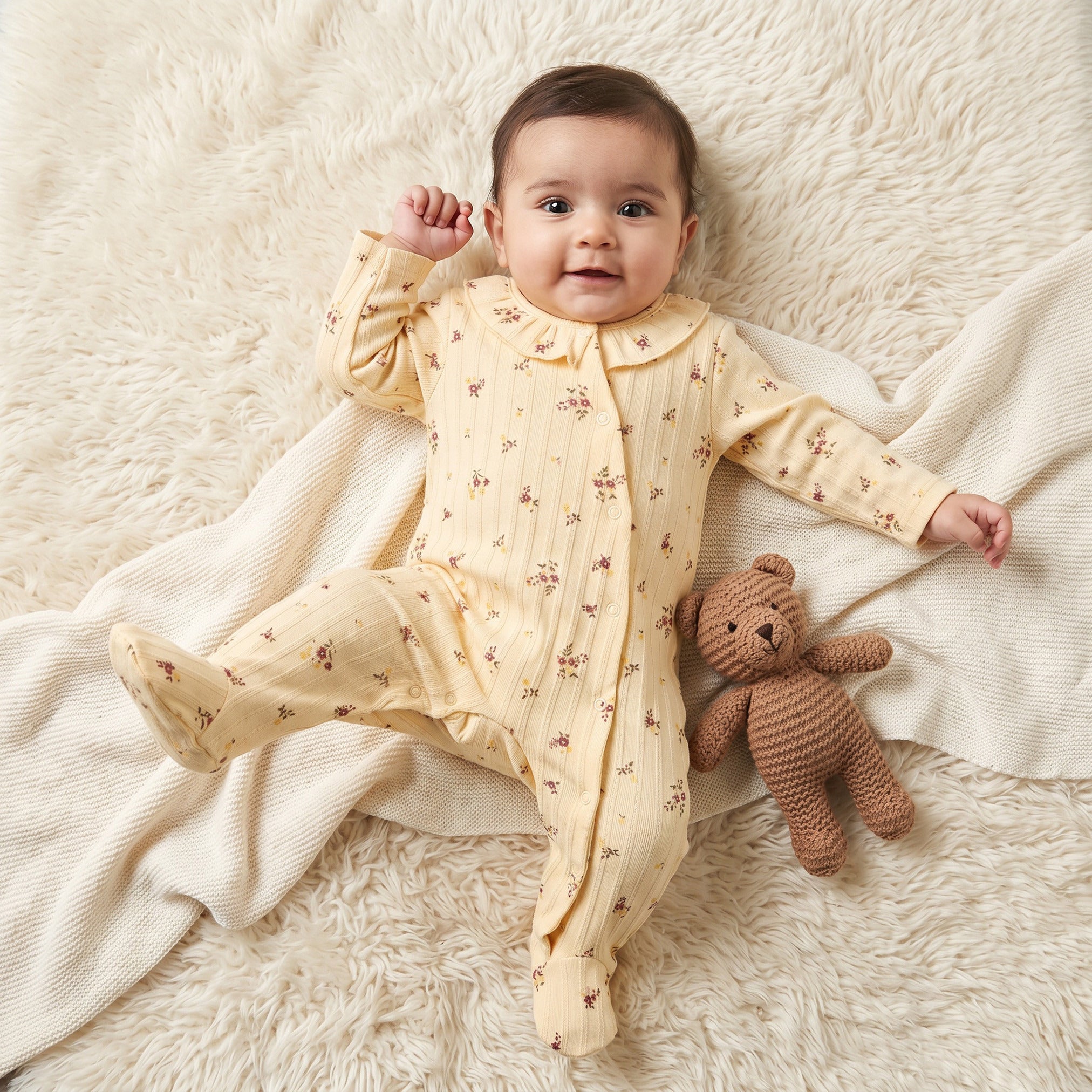 Juniors Cotton Round Neck Long Sleeves Sleepsuit with Floral Print - Yellow / 9-12 mths