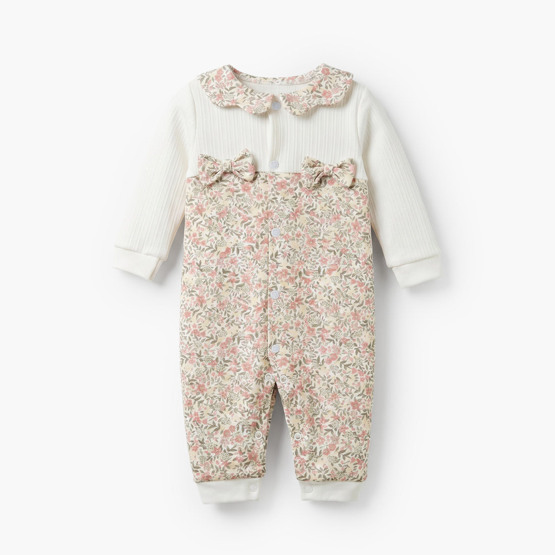 Juniors Cotton Collared Long Sleeves Sleepsuit with Floral Print - White / 12-18 mths