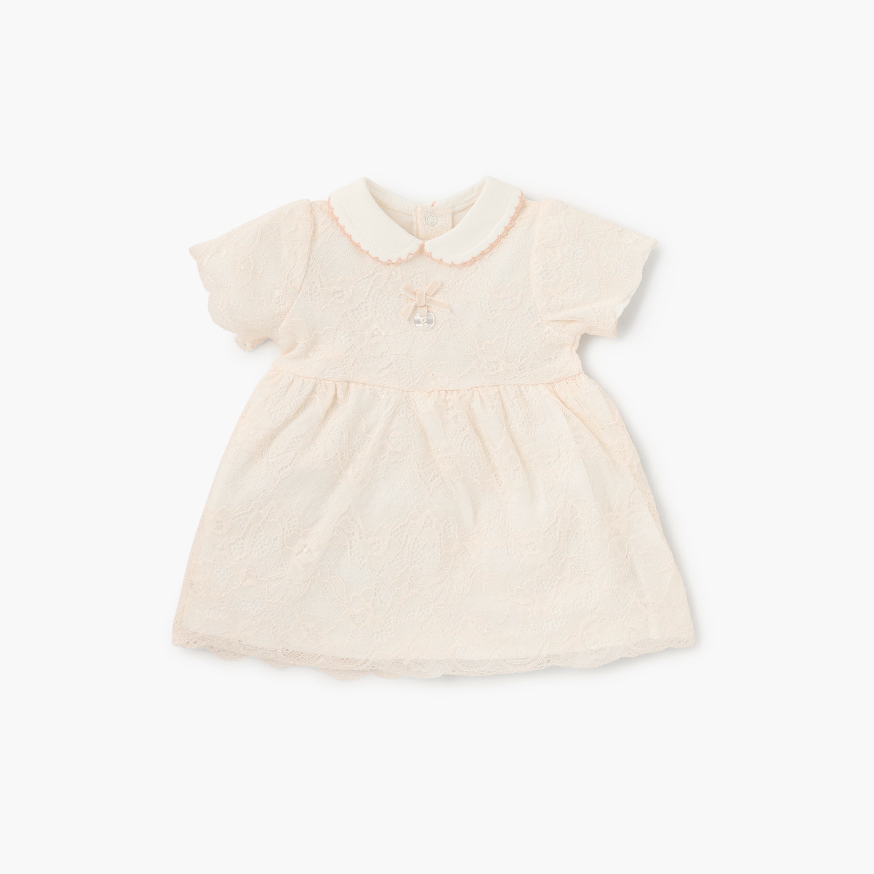 Giggles Lace Detail Dress with Peter Pan Collar and Short Sleeves - Cream / 12-18 mths