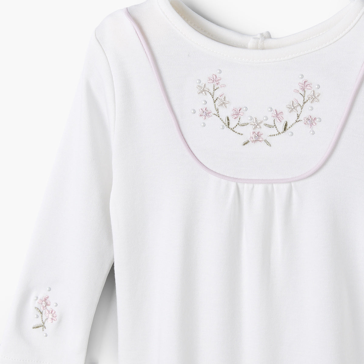 Giggles Round Neck Long Sleeves Sleepsuit with Floral Embroidery