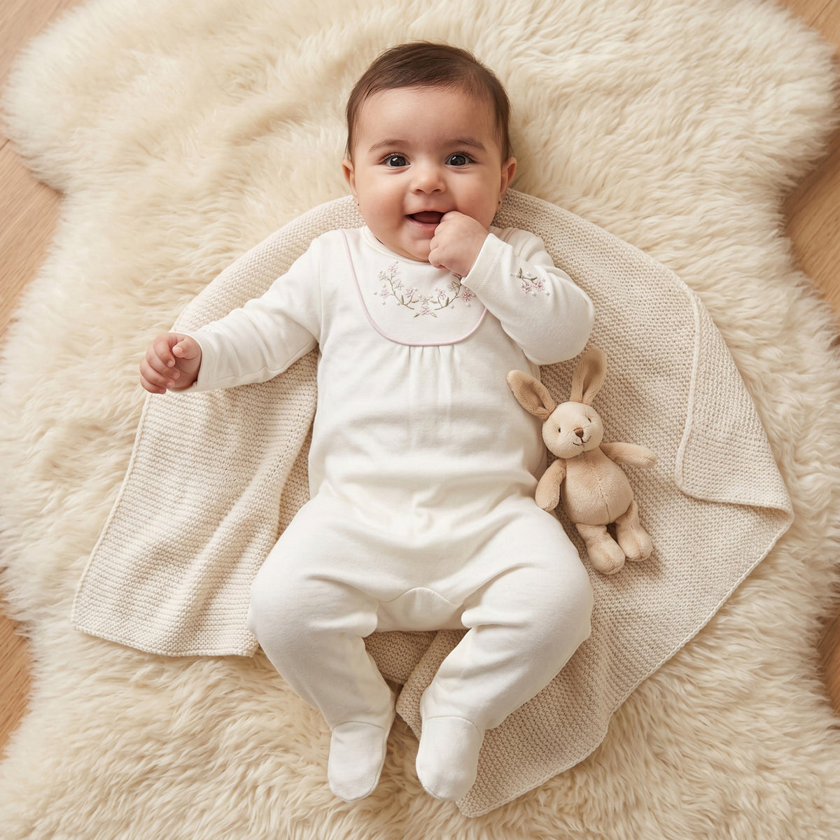 Giggles Round Neck Long Sleeves Sleepsuit with Floral Embroidery