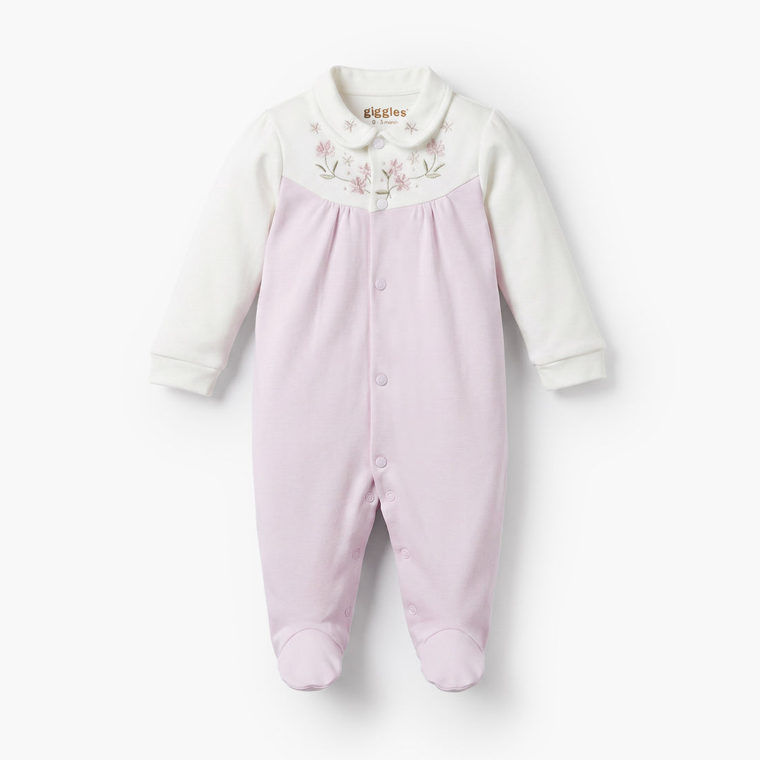 Giggles Collared Long Sleeves Sleepsuit with Floral Embroidery