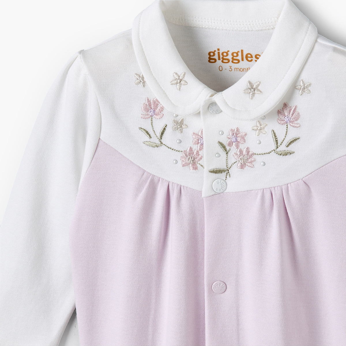 Giggles Collared Long Sleeves Sleepsuit with Floral Embroidery