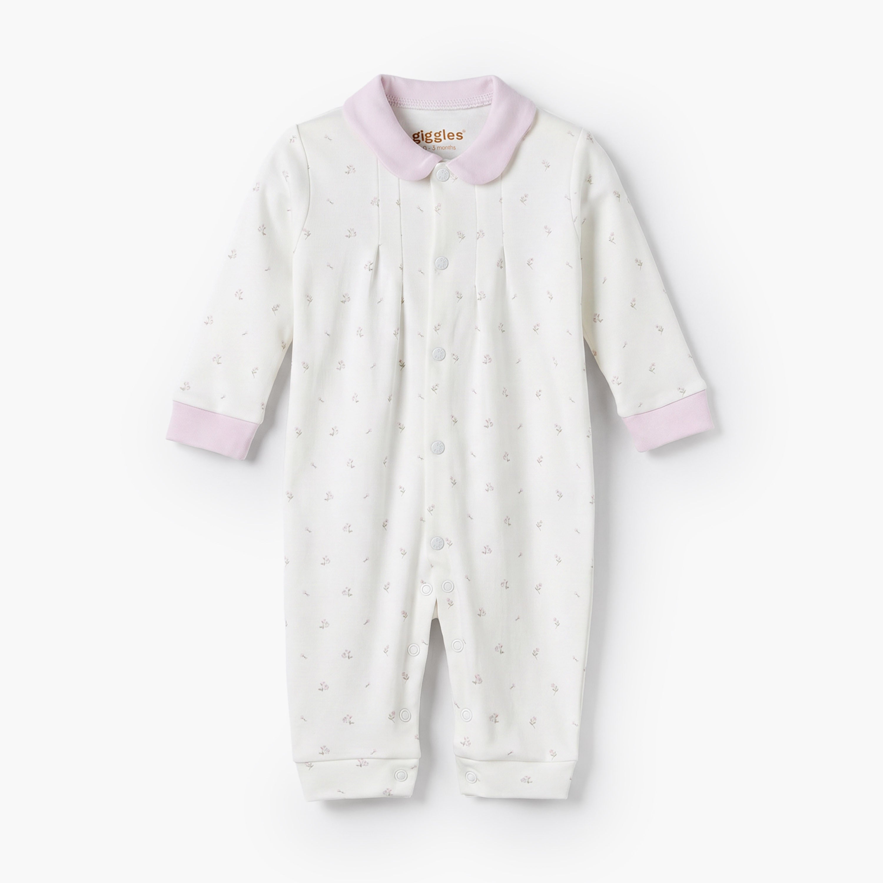 Giggles Collared Long Sleeves Sleepsuit with Floral Print - White / 12-18 mths