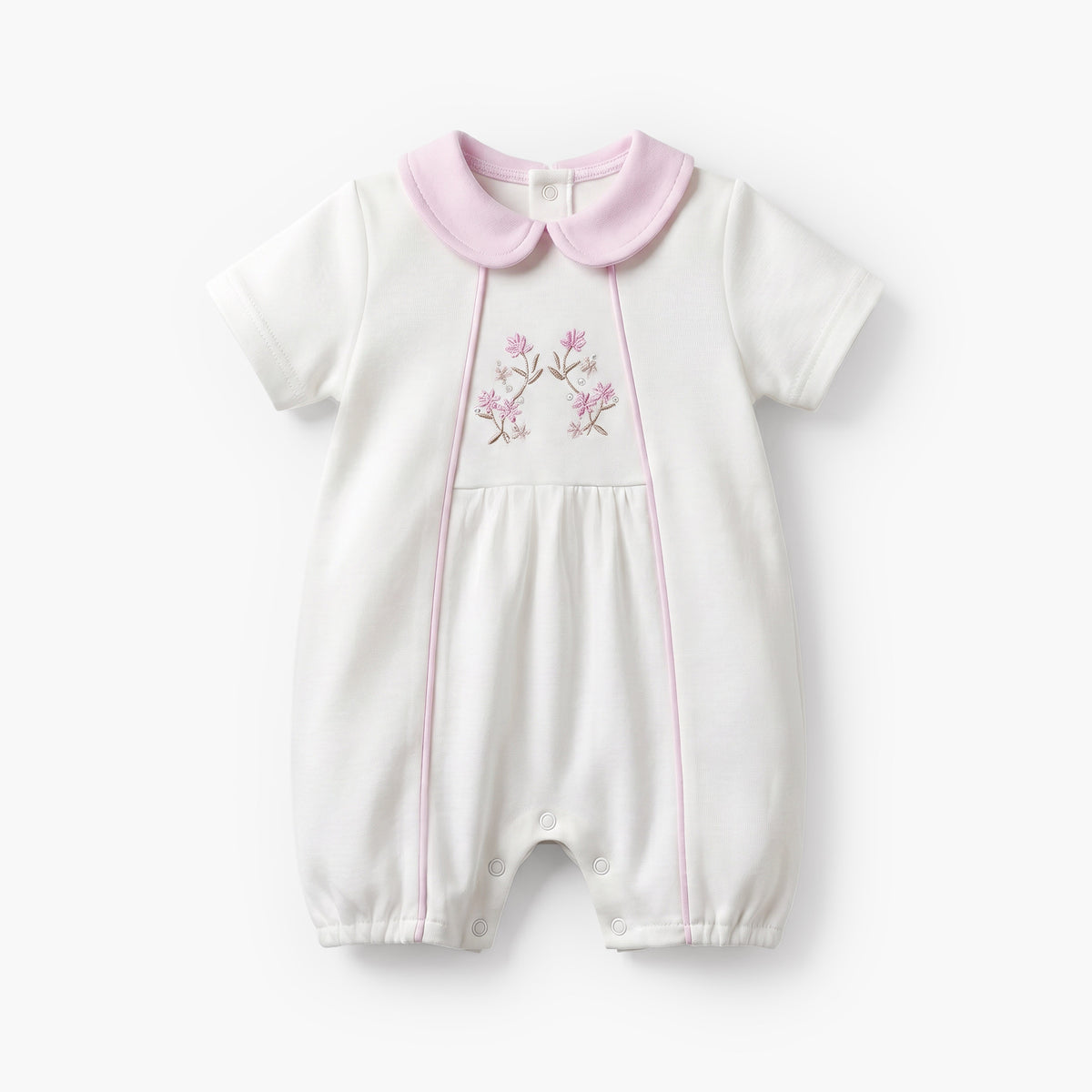 Giggles Peter Pan Collar Short Sleeves Romper with Floral Embroidery