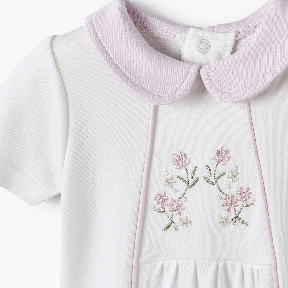 Giggles Peter Pan Collar Short Sleeves Romper with Floral Embroidery