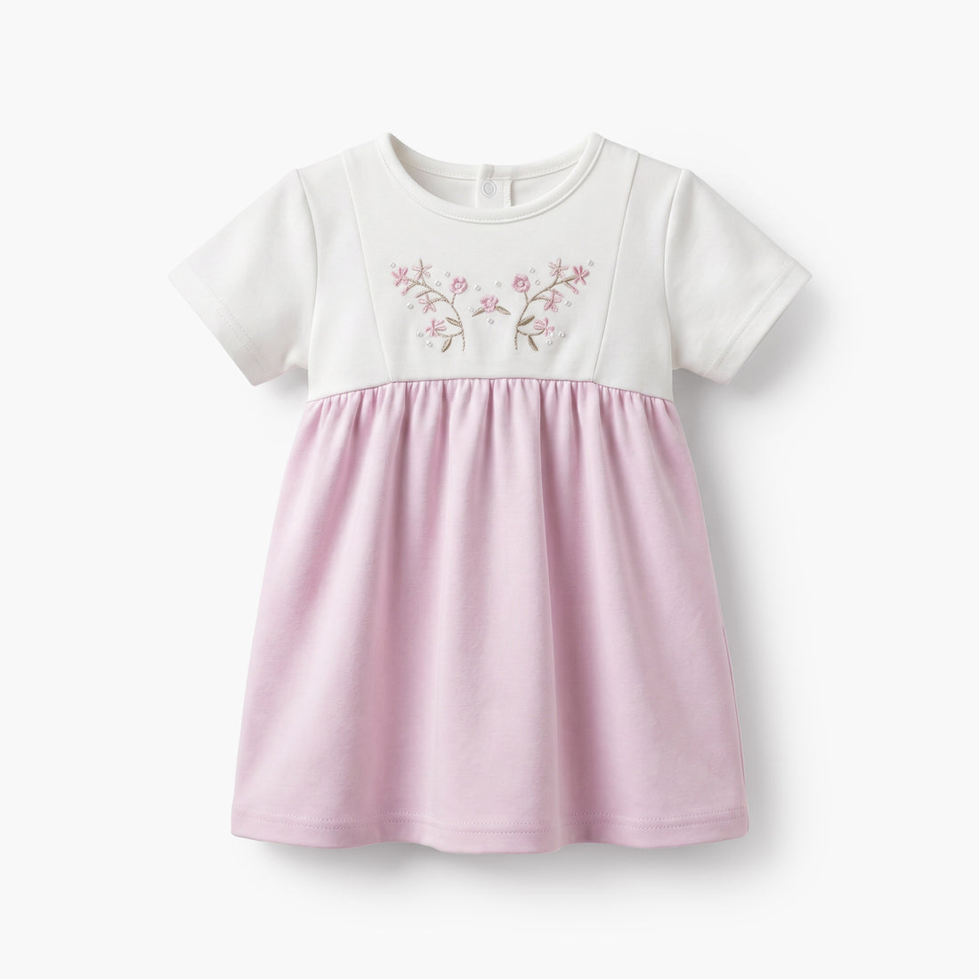 Giggles Round Neck Short Sleeves Knee Length A-line Dress with Floral Embroidery