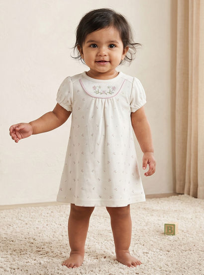 Giggles Round Neck Short Sleeves Knee Length A-line Dress with Floral Print-baby-girls-clothing-dressesandjumpsuits-image-1