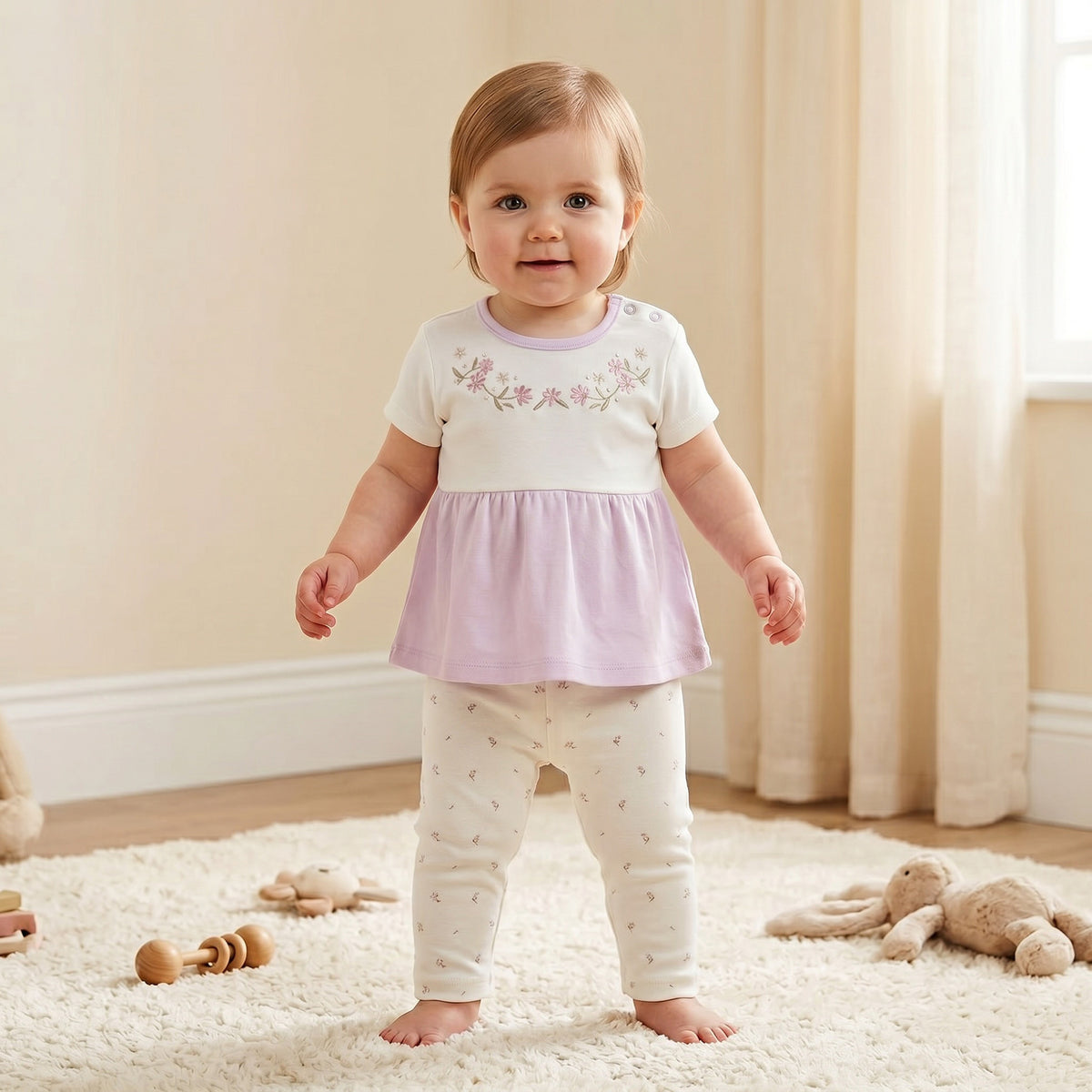 Giggles Round Neck Short Sleeves Pyjama Set with Floral Print
