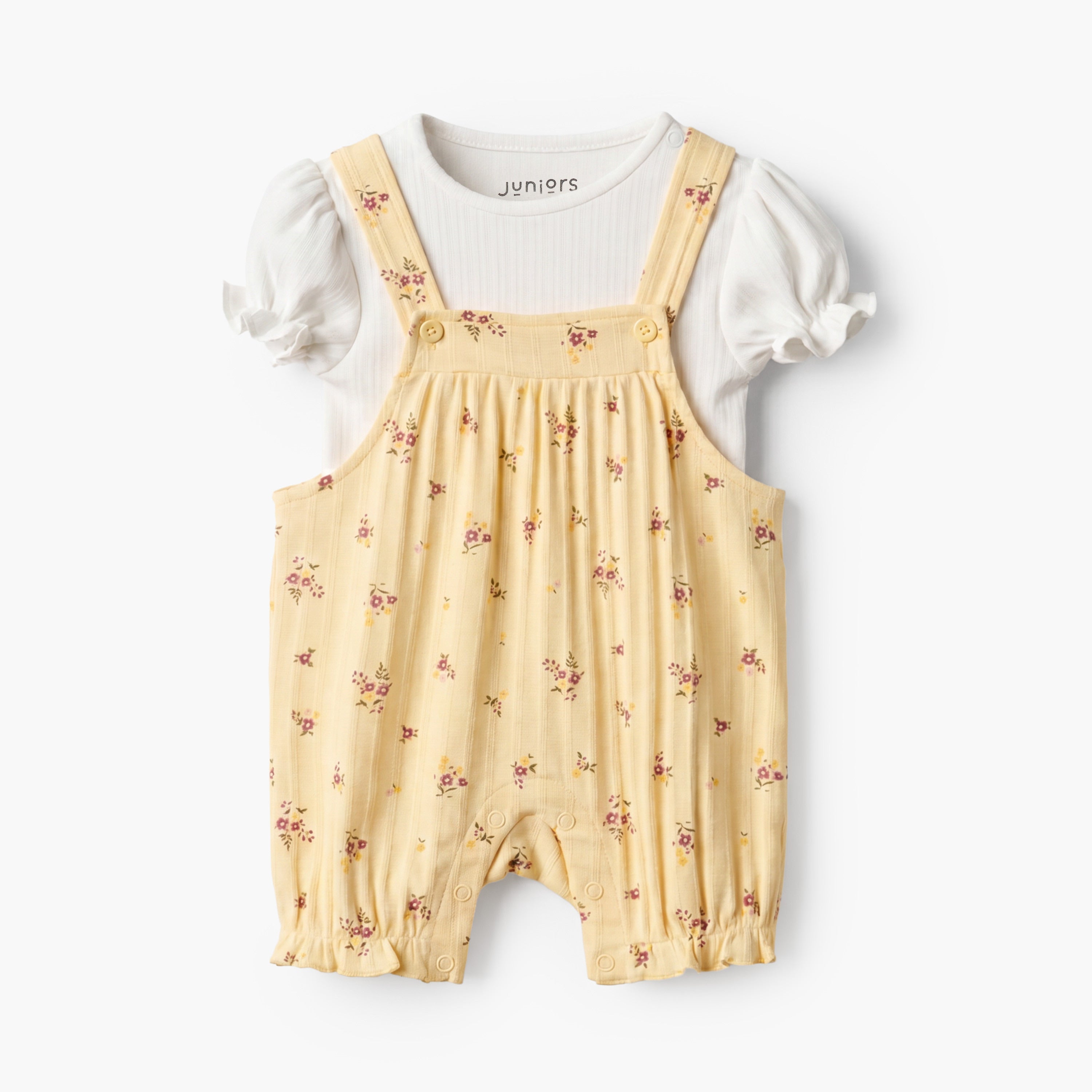 Juniors Crew Neck Short Sleeves T-shirt and Dungaree Set with Floral Print - Yellow / 12-18 mths