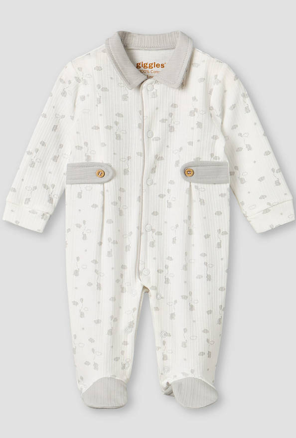 Giggles Cotton Collared Long Sleeves Sleepsuit with Print
