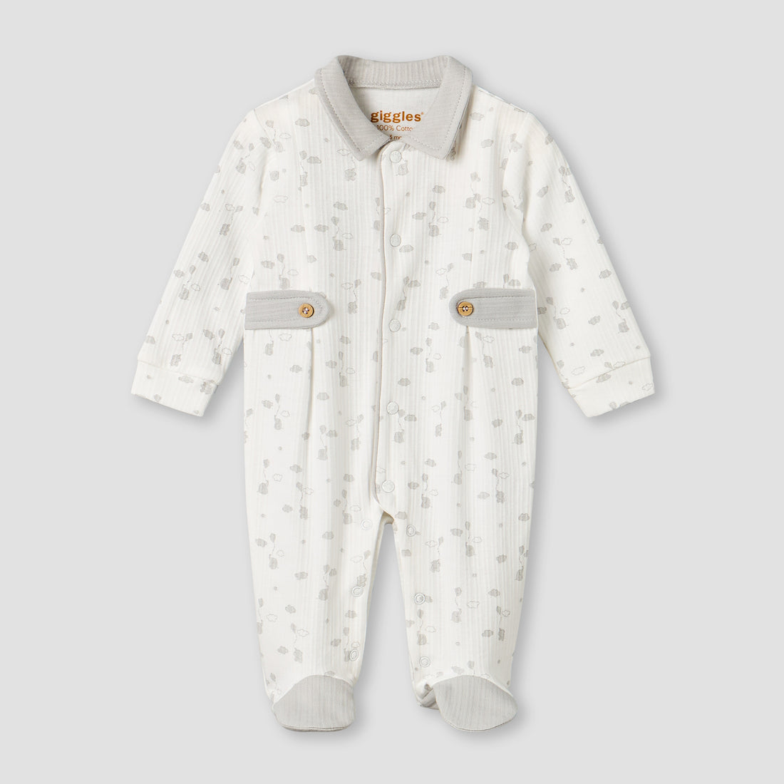 Giggles Cotton Collared Long Sleeves Sleepsuit with Print - Cream / 9-12 mths