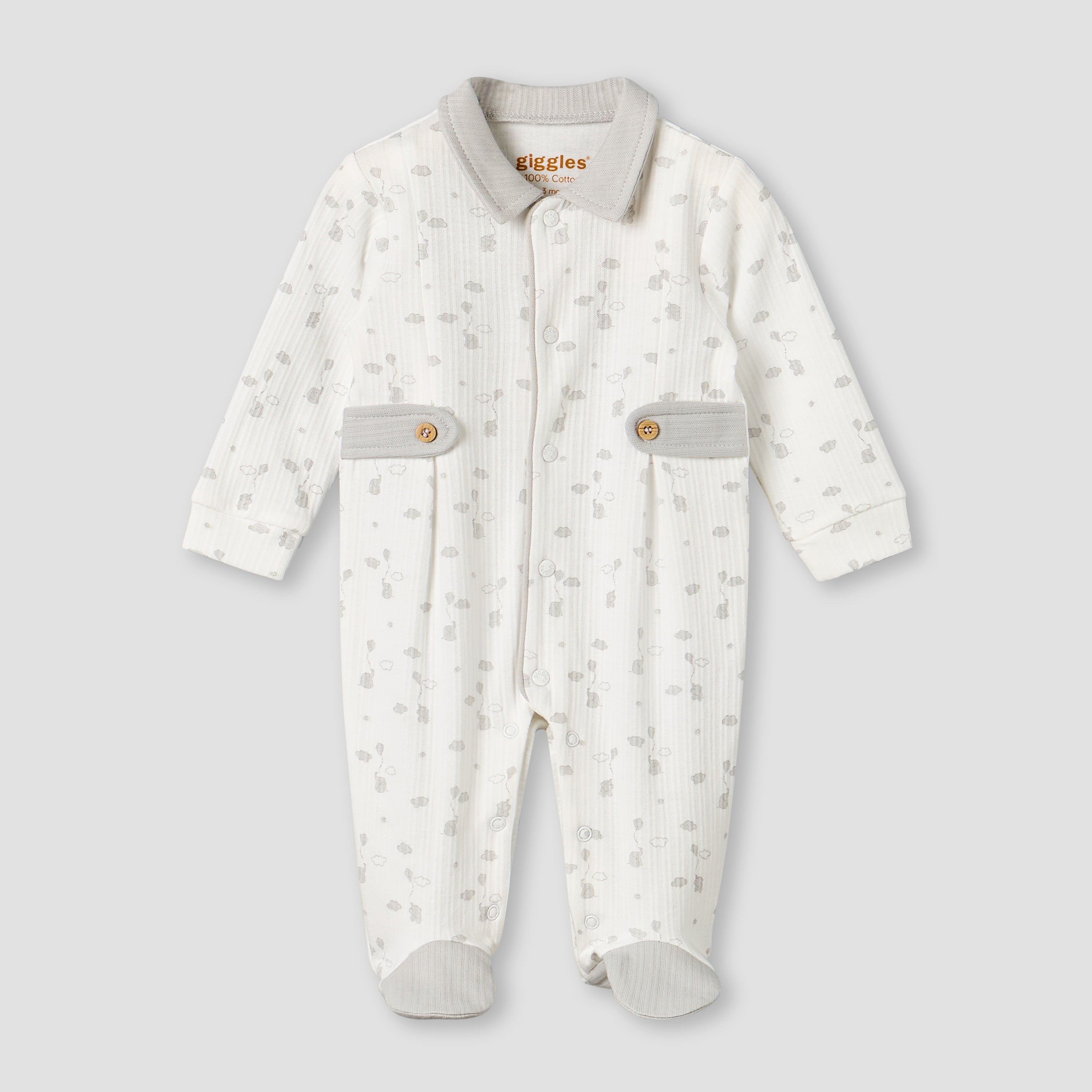 Giggles Cotton Collared Long Sleeves Sleepsuit with Print - Cream / 9-12 mths