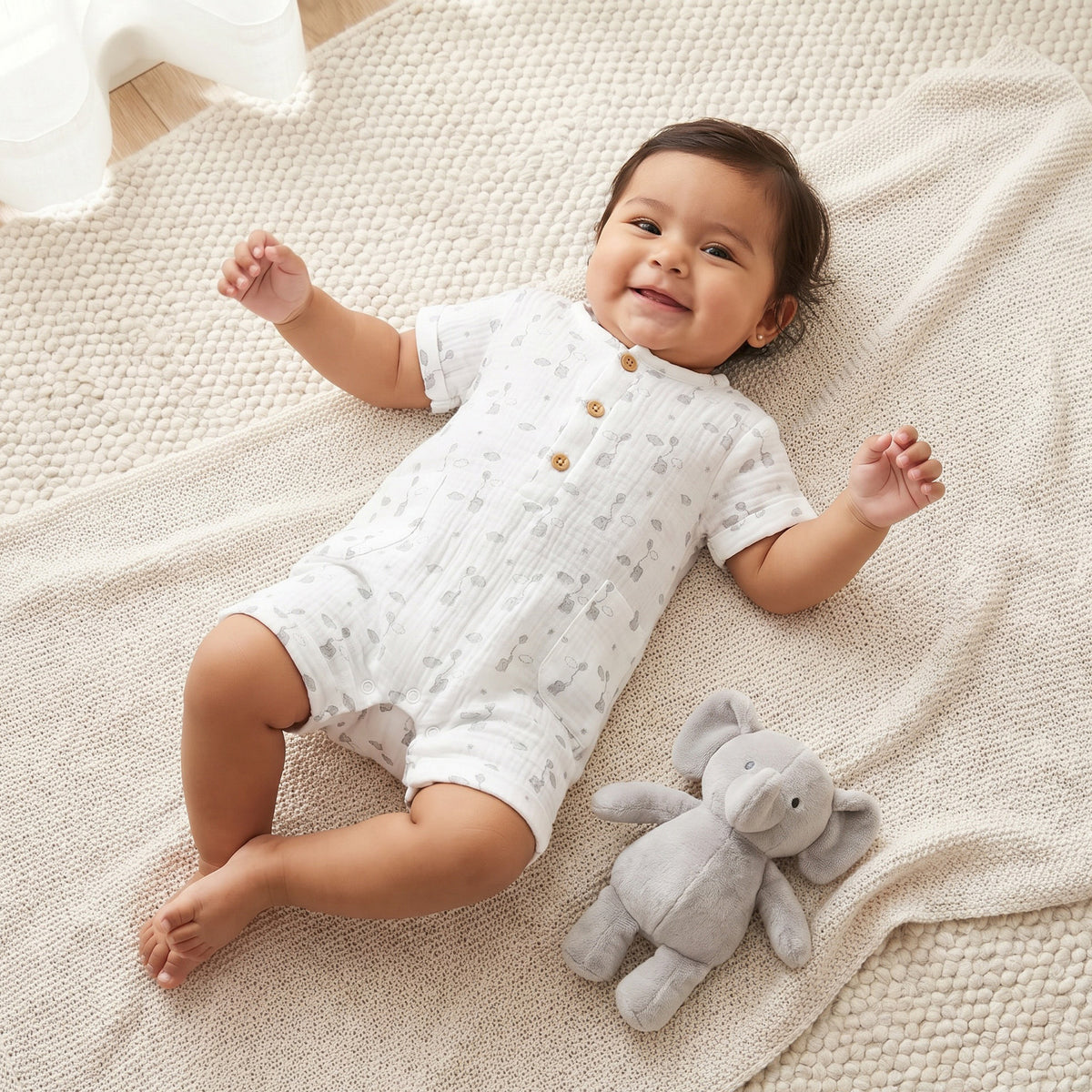 Giggles Crew Neck Short Sleeve Romper with Button Closure