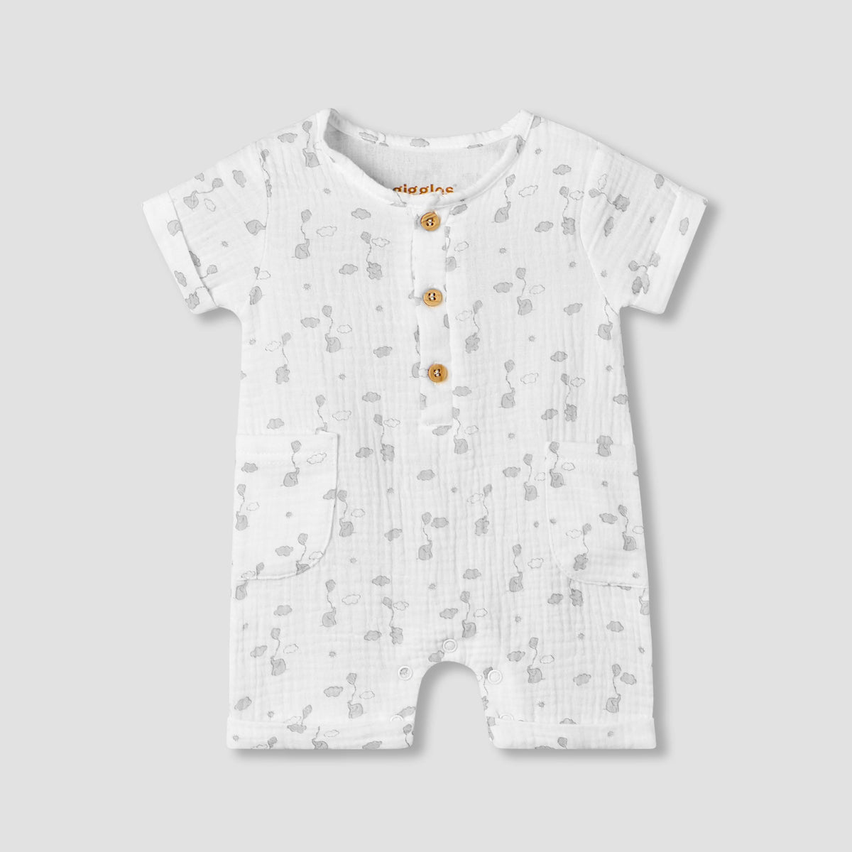 Giggles Crew Neck Short Sleeve Romper with Button Closure