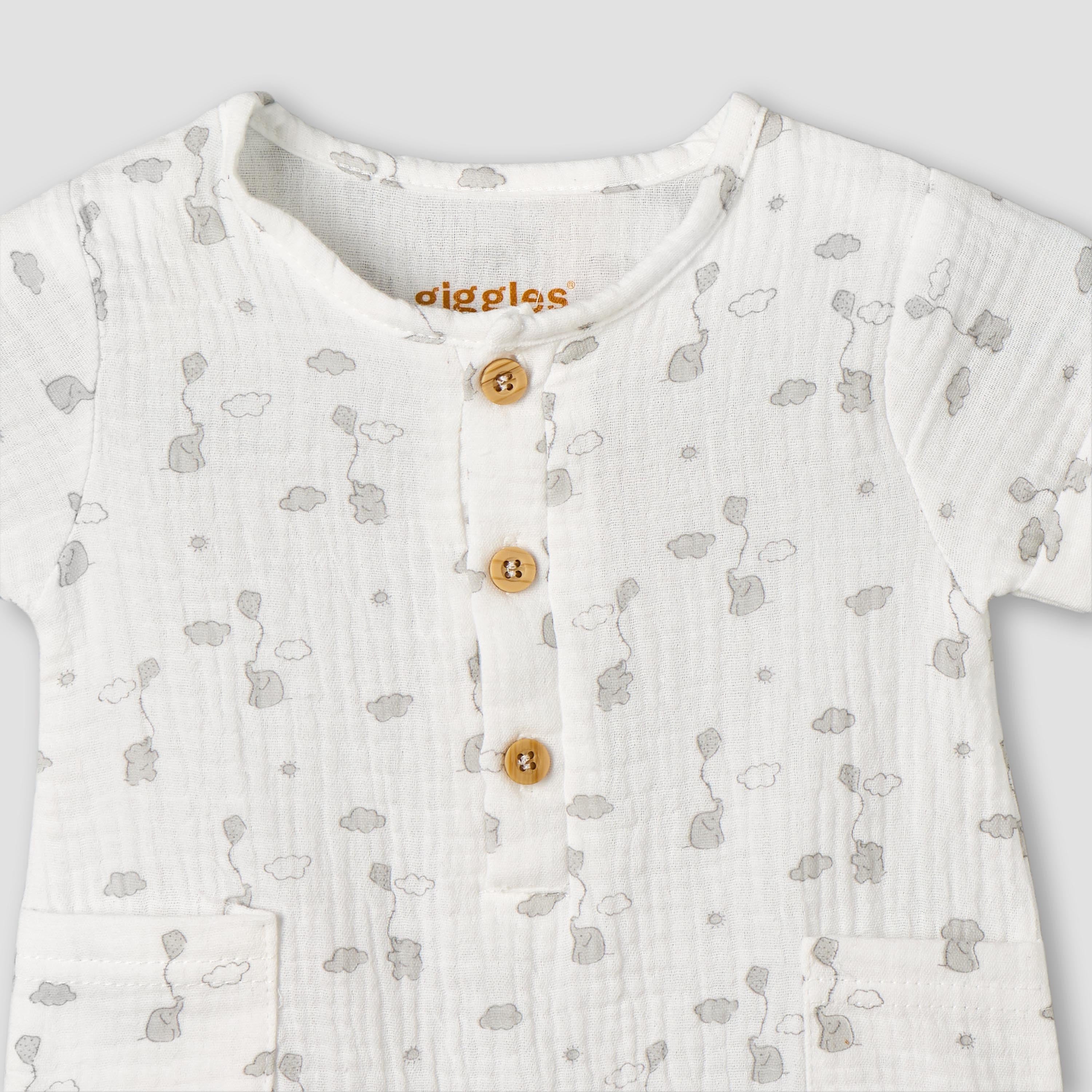 Giggles Crew Neck Short Sleeve Romper with Button Closure