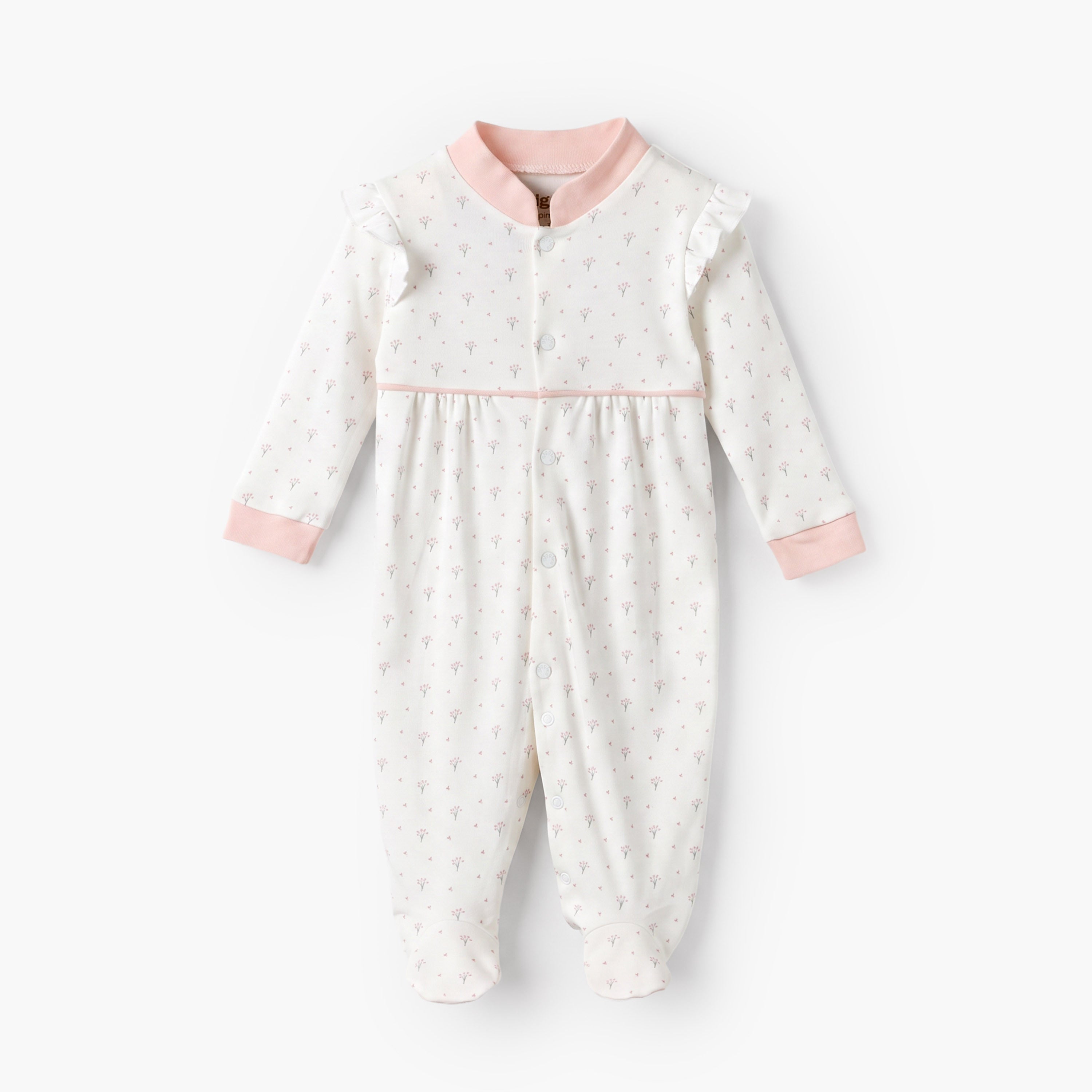 Giggles Supima Cotton Mandarin Collar Long Sleeves Sleepsuit with Floral Print